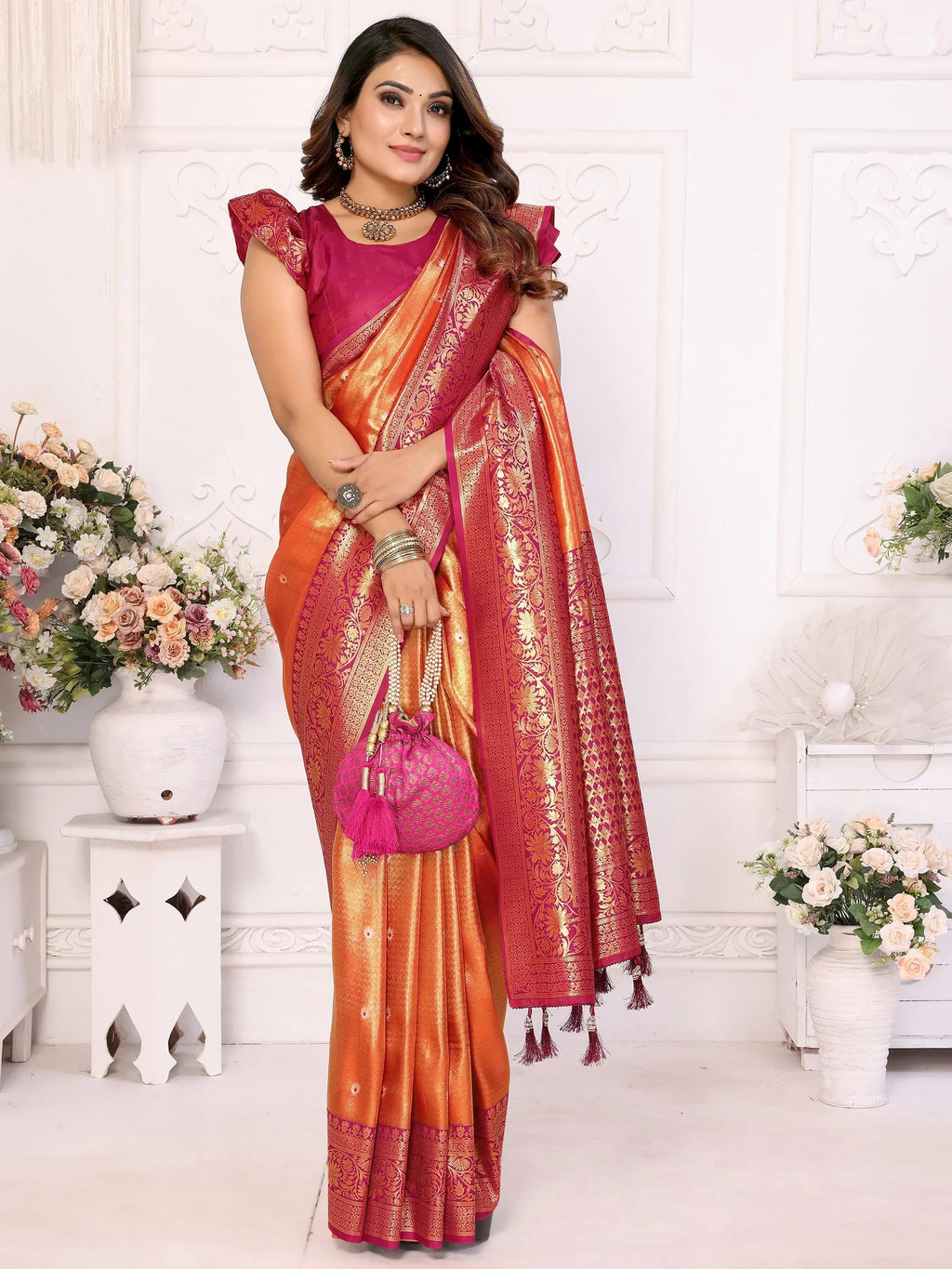Orange Fantastic Zari Weaving Banarasi Silk Festival Wear Saree