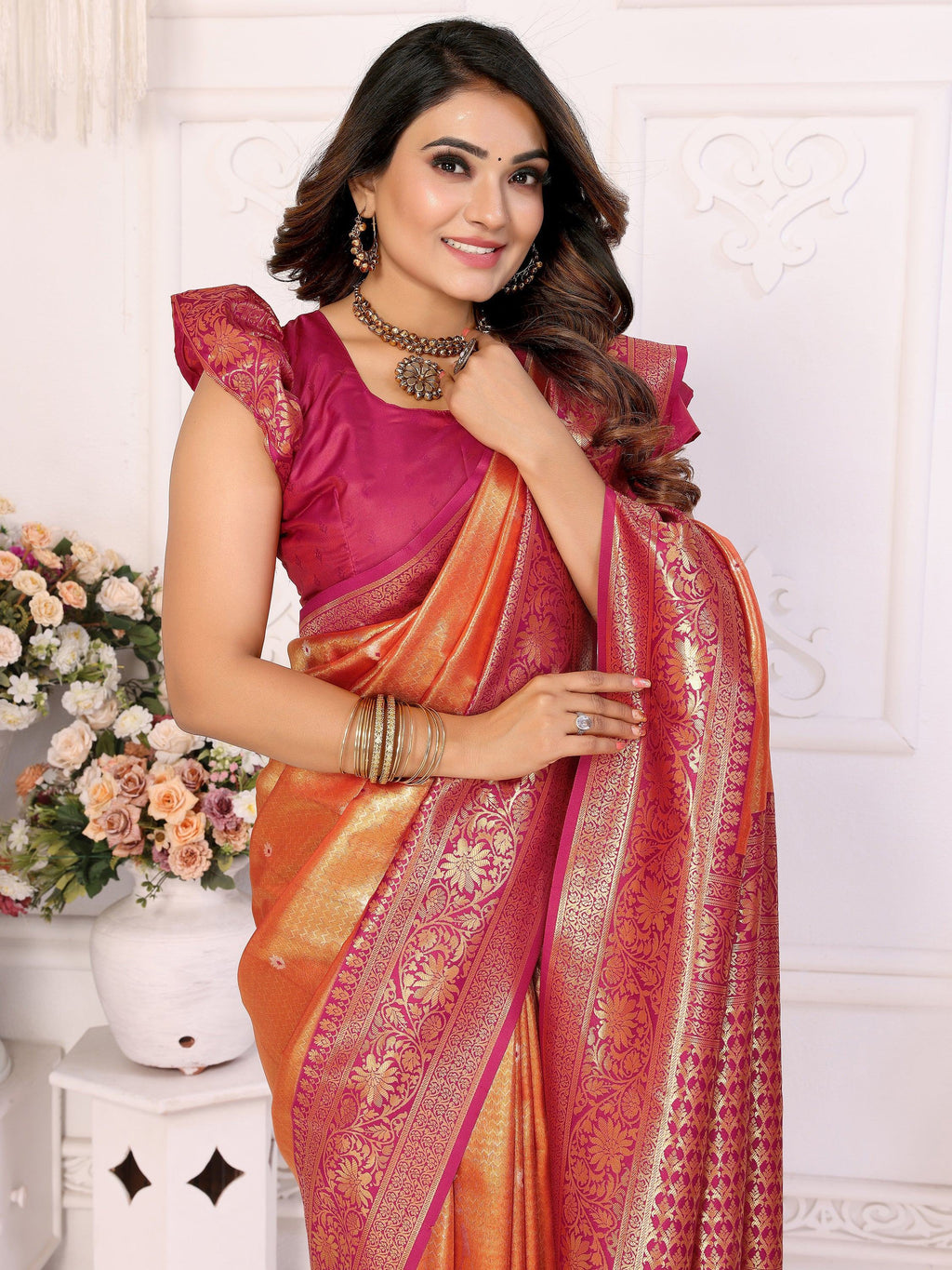 Orange Fantastic Zari Weaving Banarasi Silk Festival Wear Saree
