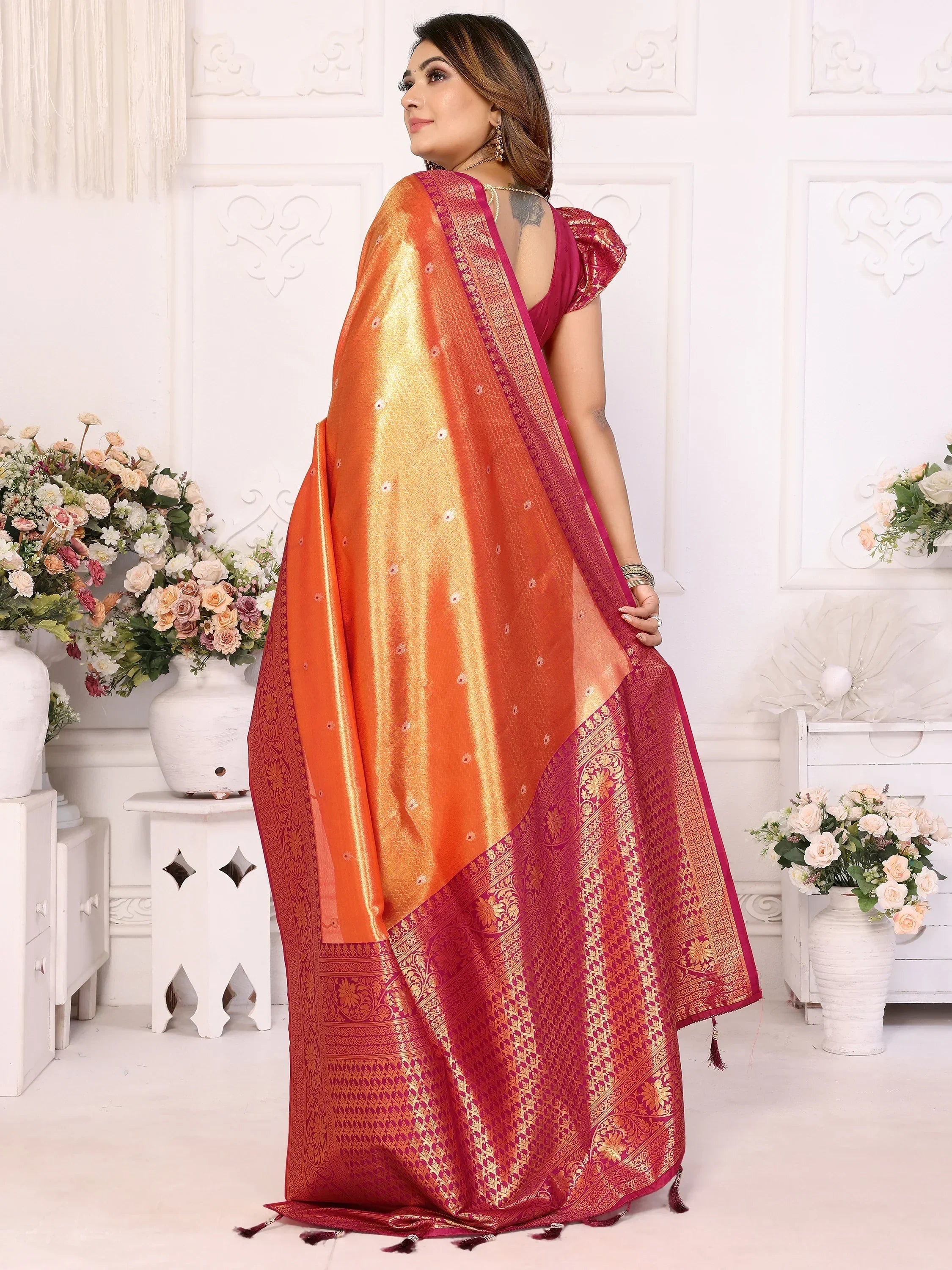 Orange Fantastic Zari Weaving Banarasi Silk Festival Wear Saree