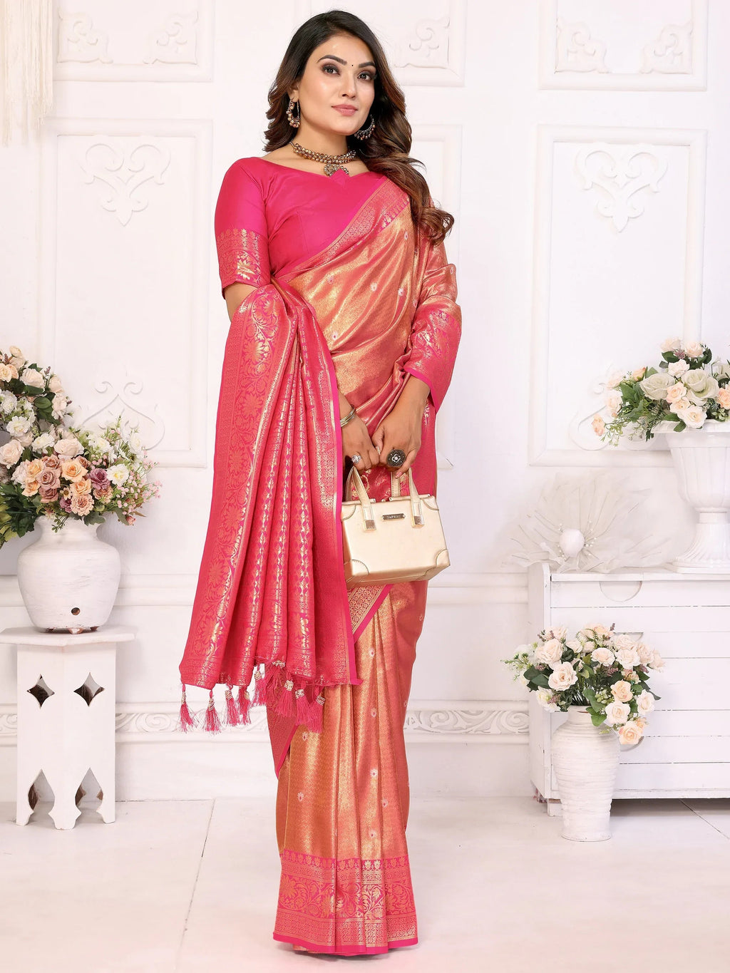 Pink Fantastic Zari Weaving Banarasi Silk Festival Wear Saree