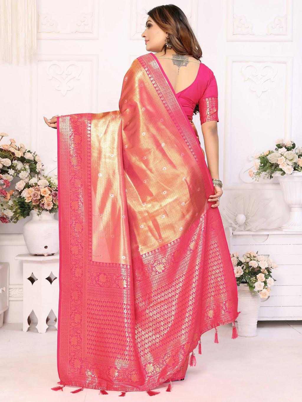 Pink Fantastic Zari Weaving Banarasi Silk Festival Wear Saree