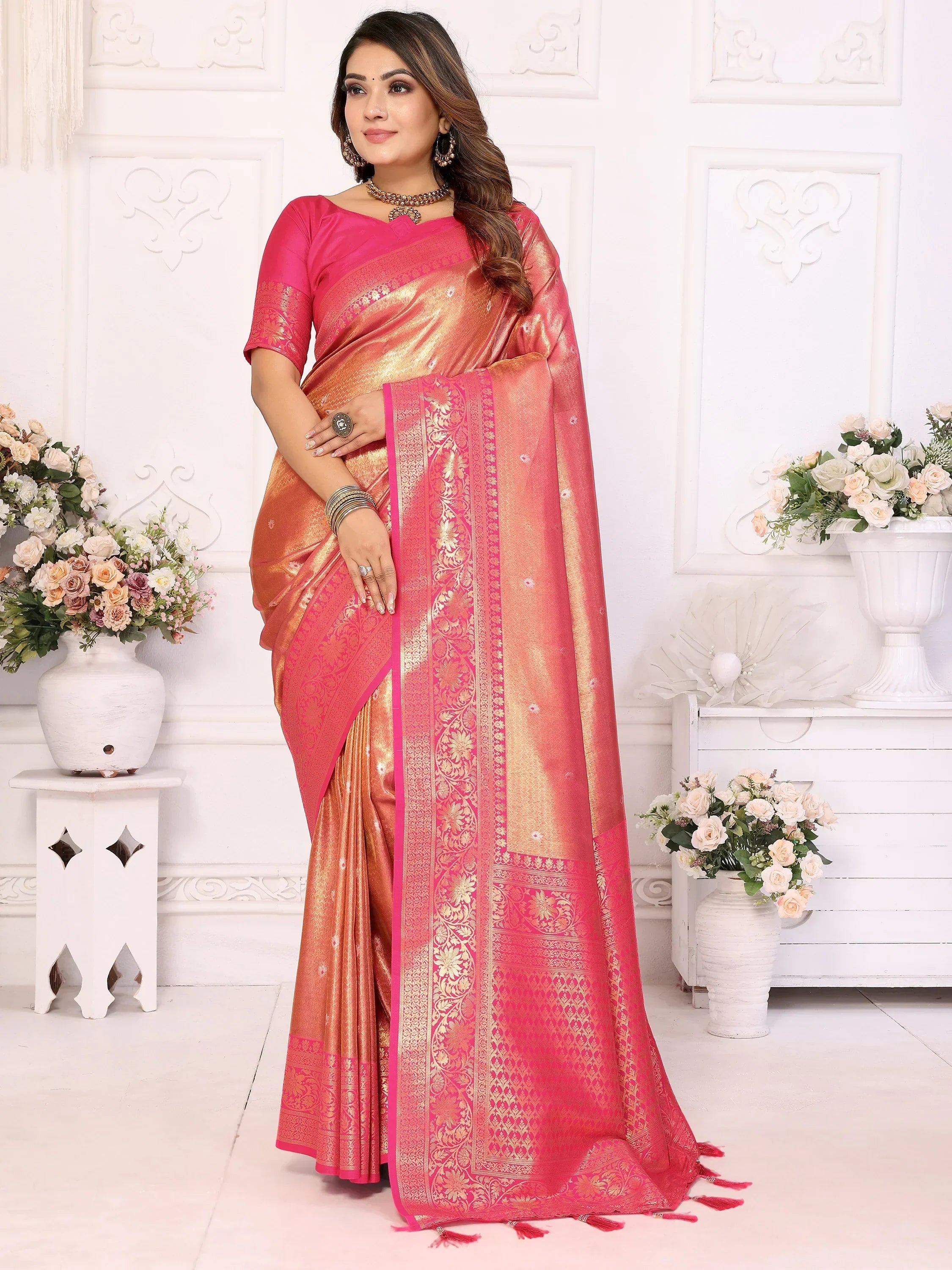 Pink Fantastic Zari Weaving Banarasi Silk Festival Wear Saree