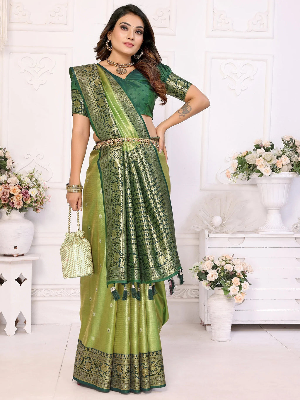 Green Fantastic Zari Weaving Banarasi Silk Festival Wear Saree