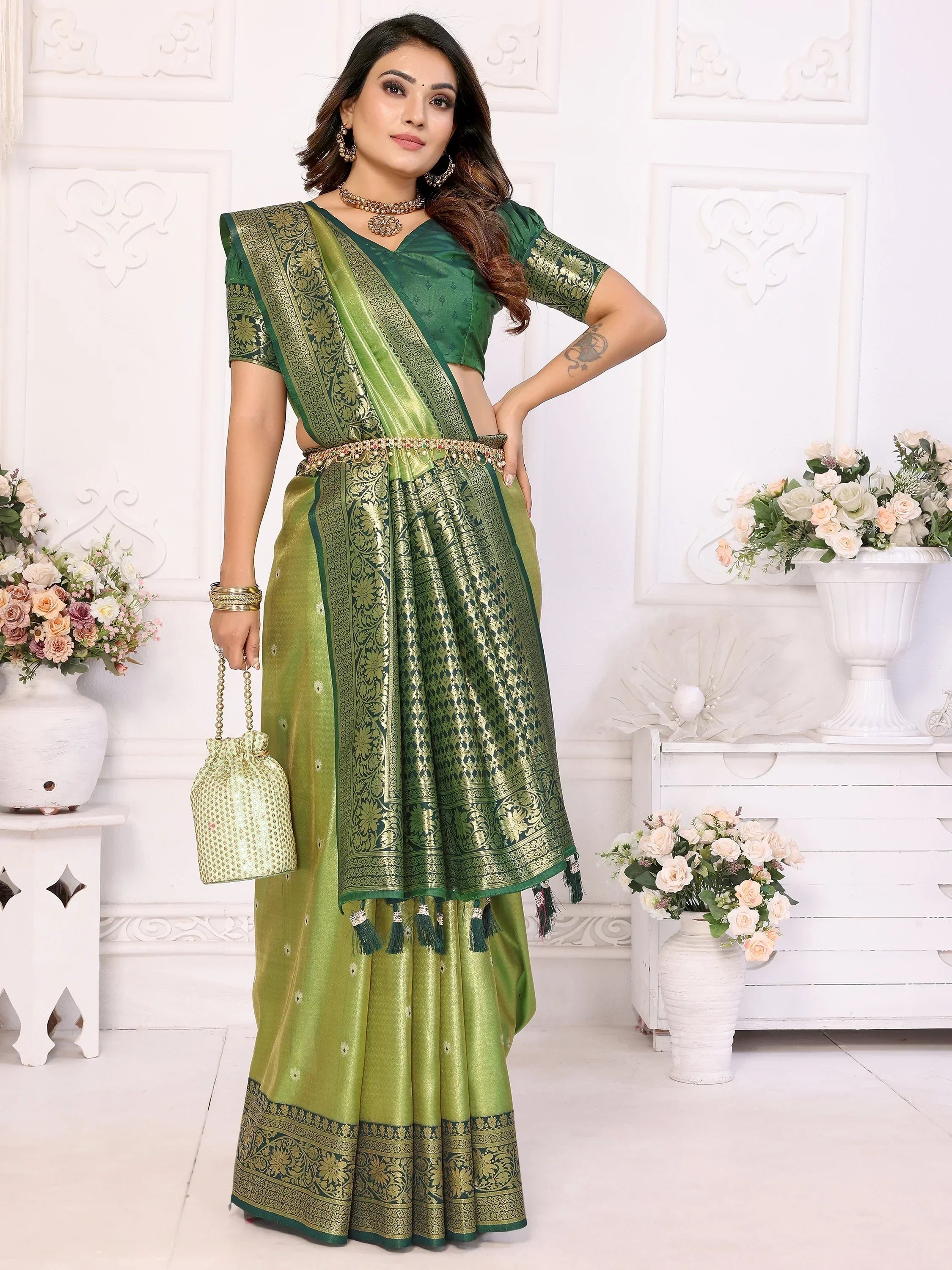 Green Fantastic Zari Weaving Banarasi Silk Festival Wear Saree