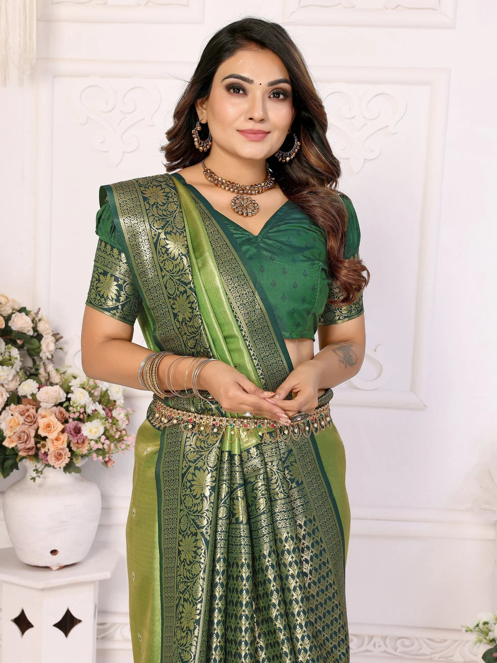 Green Fantastic Zari Weaving Banarasi Silk Festival Wear Saree
