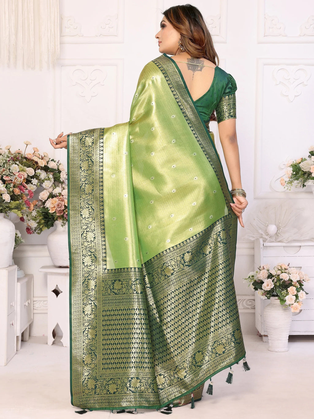 Green Fantastic Zari Weaving Banarasi Silk Festival Wear Saree