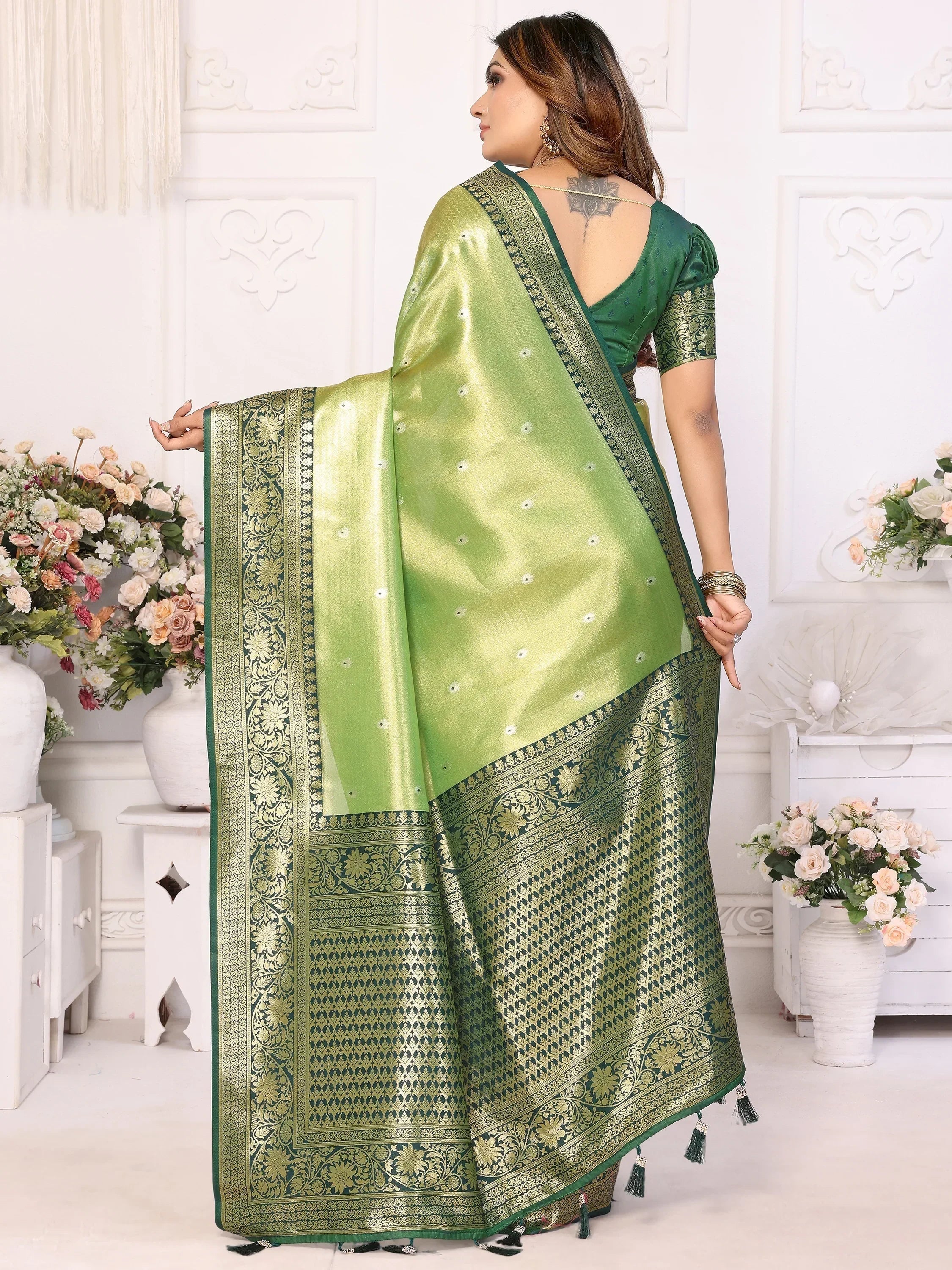 Green Fantastic Zari Weaving Banarasi Silk Festival Wear Saree