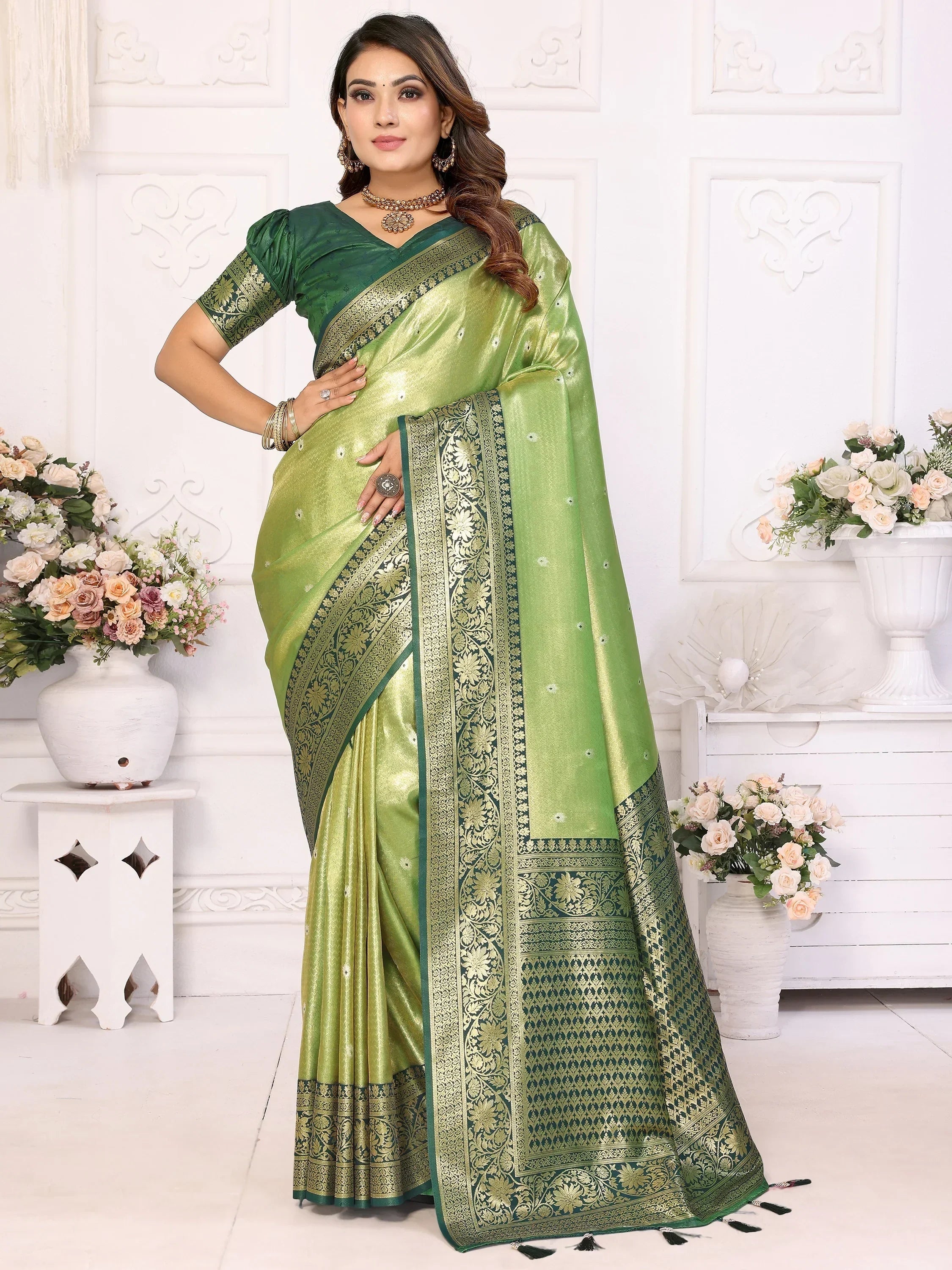 Green Fantastic Zari Weaving Banarasi Silk Festival Wear Saree