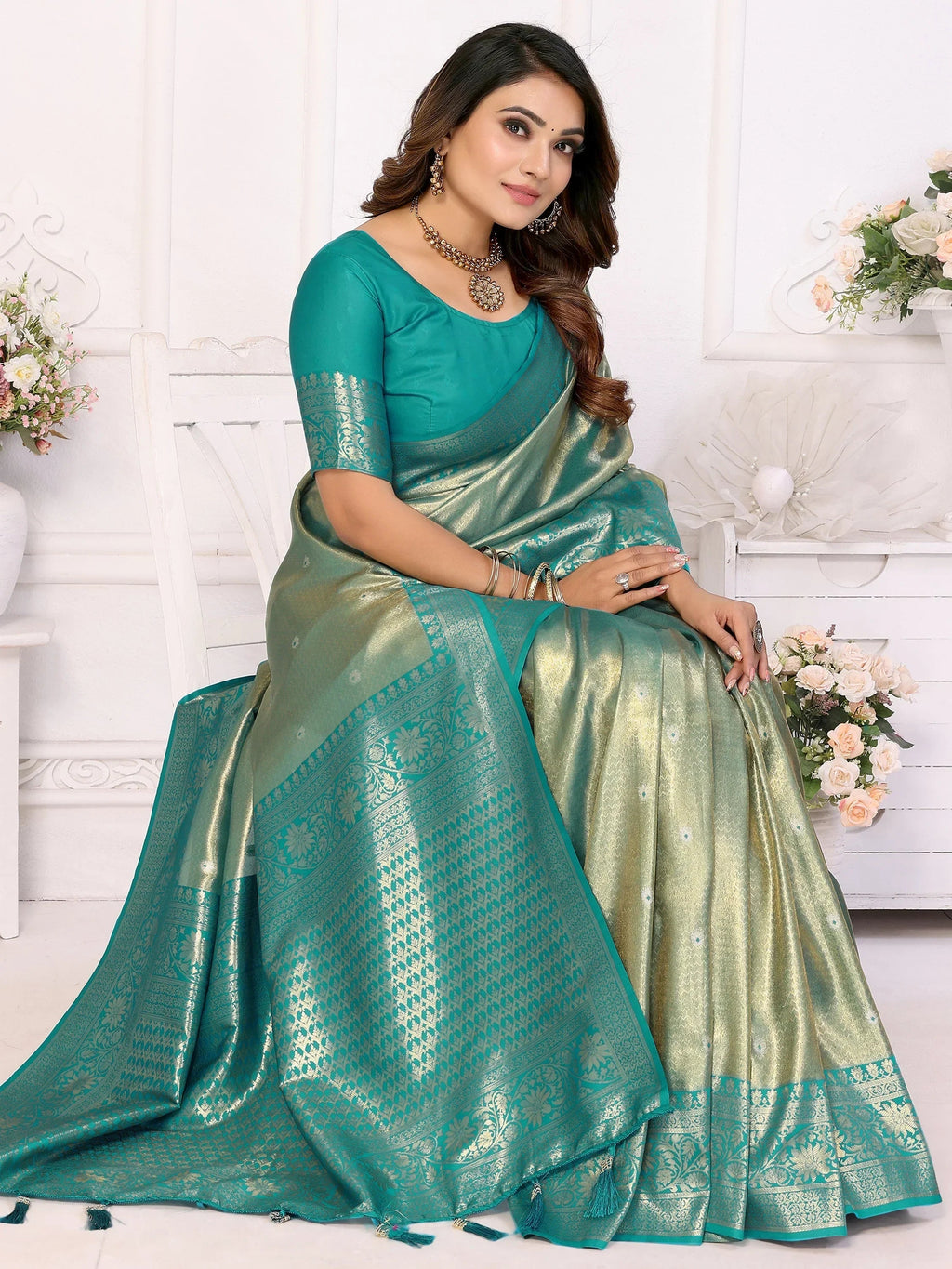 Sea Green Fantastic Zari Weaving Banarasi Silk Festival Wear Saree