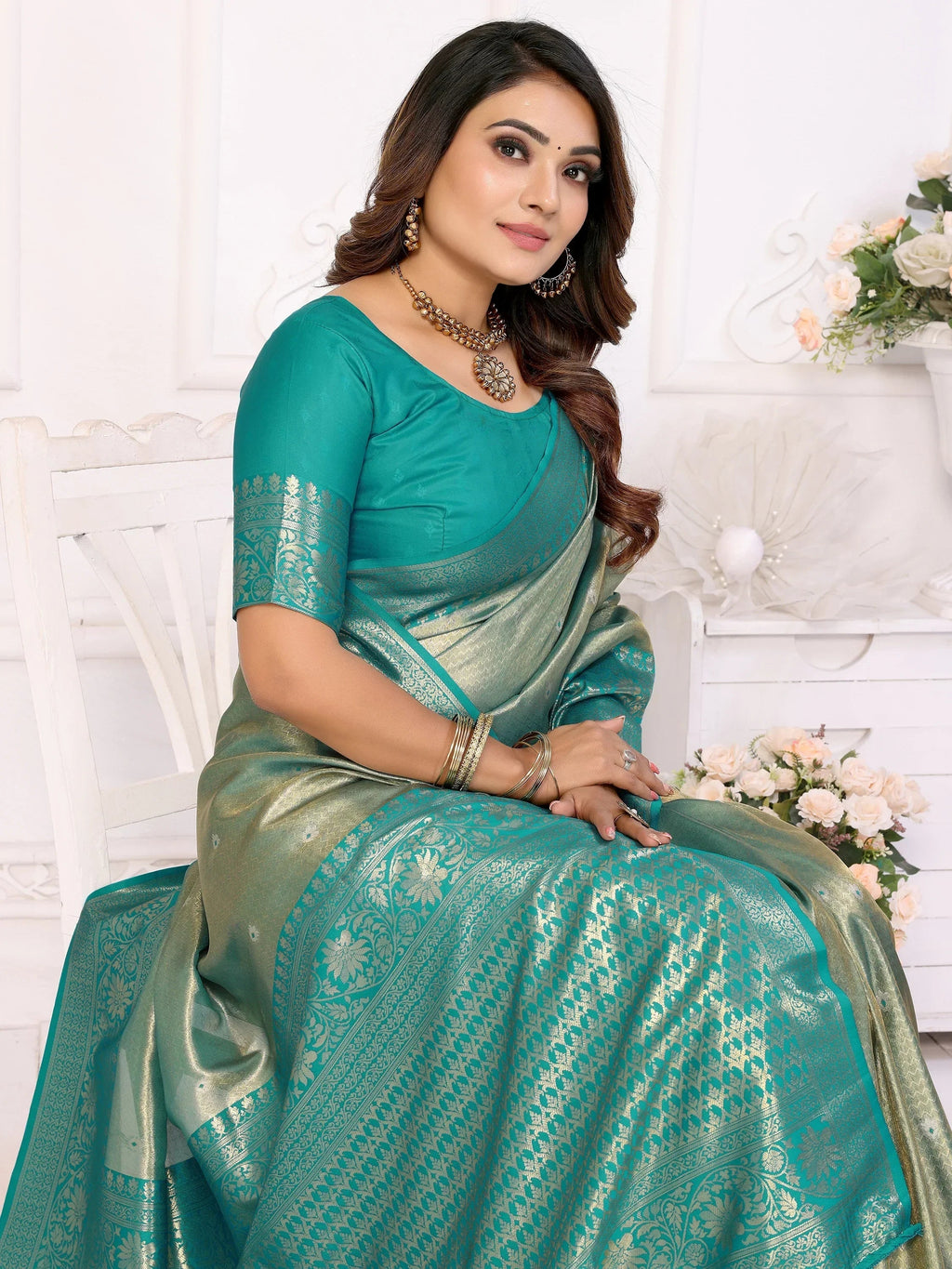Sea Green Fantastic Zari Weaving Banarasi Silk Festival Wear Saree