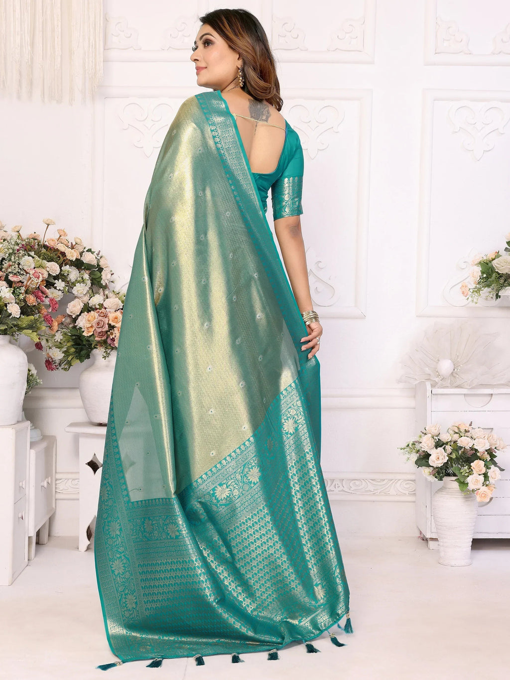 Sea Green Fantastic Zari Weaving Banarasi Silk Festival Wear Saree