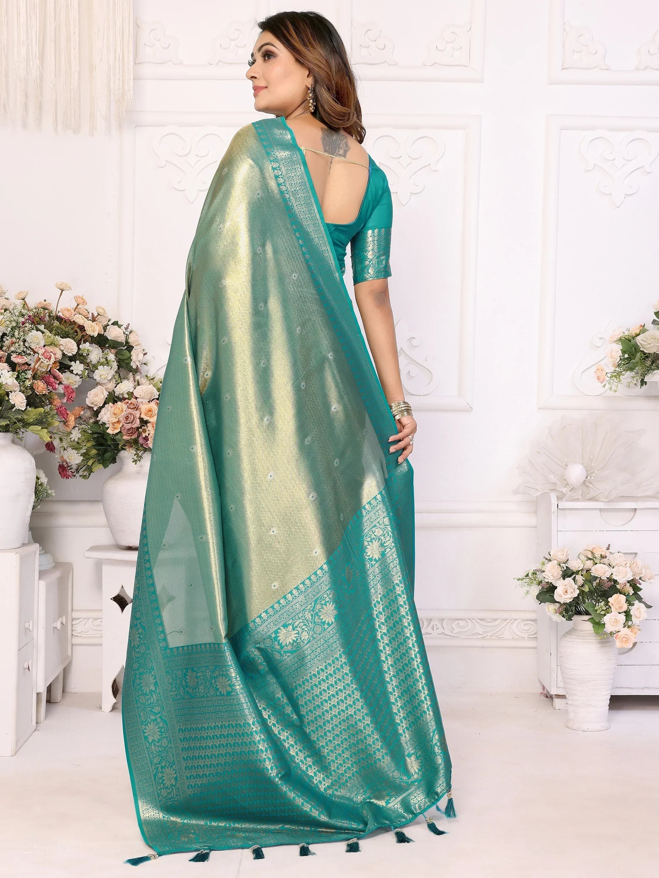 Sea Green Fantastic Zari Weaving Banarasi Silk Festival Wear Saree
