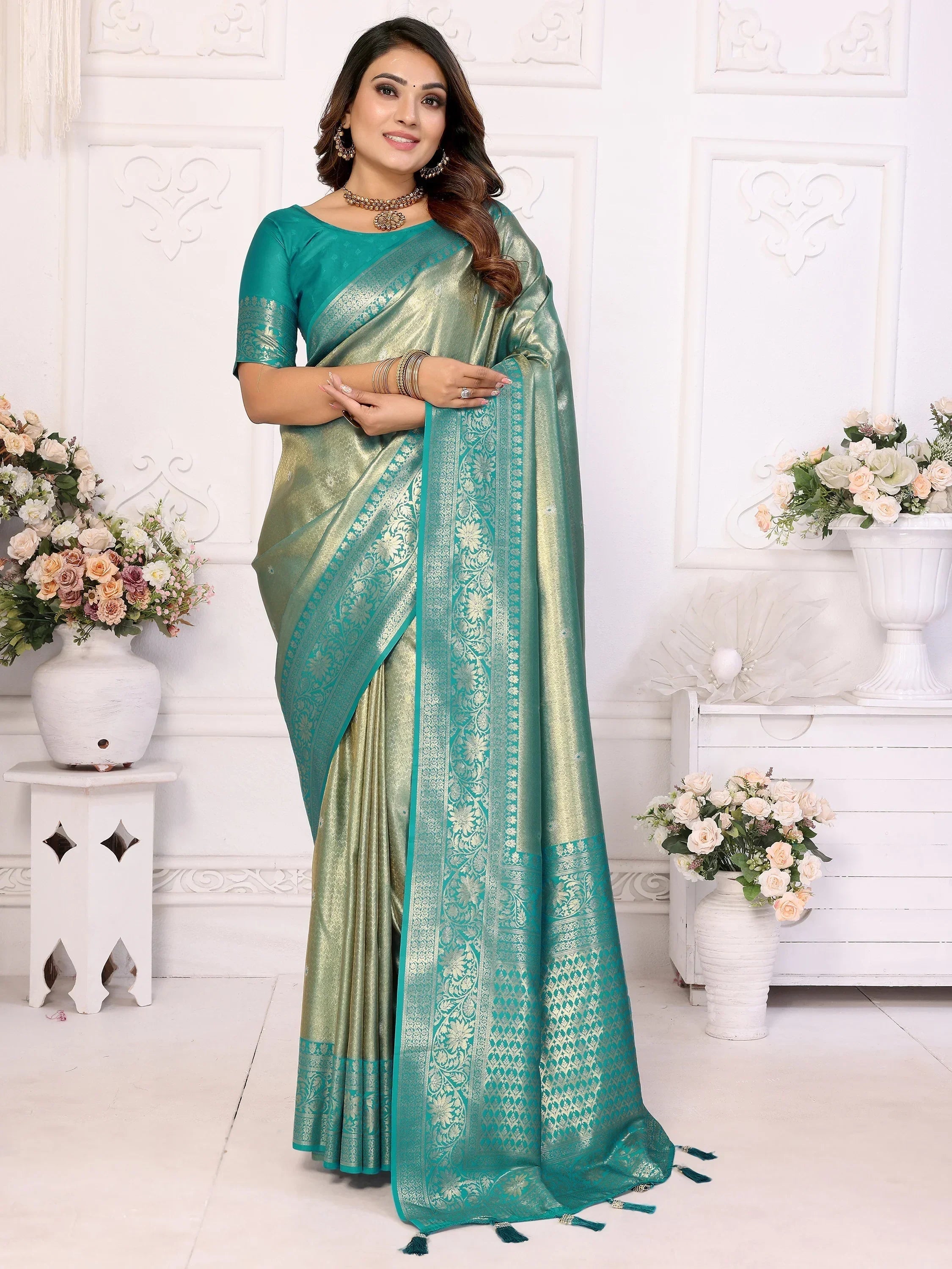 Sea Green Fantastic Zari Weaving Banarasi Silk Festival Wear Saree