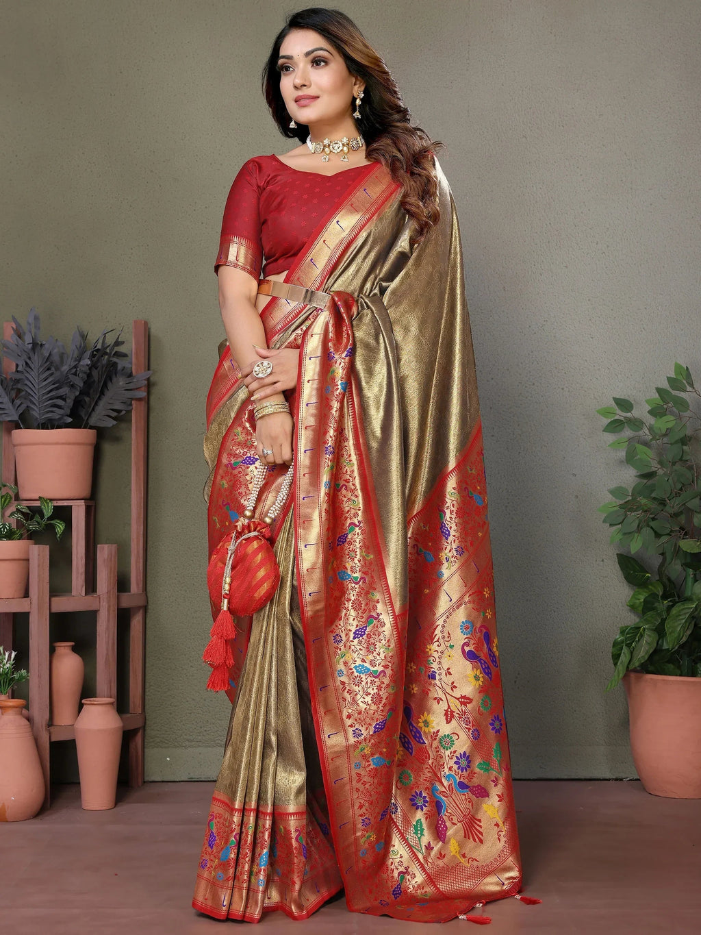 Brown Wonderful Zari Weaving Banarasi Silk Paithani Saree