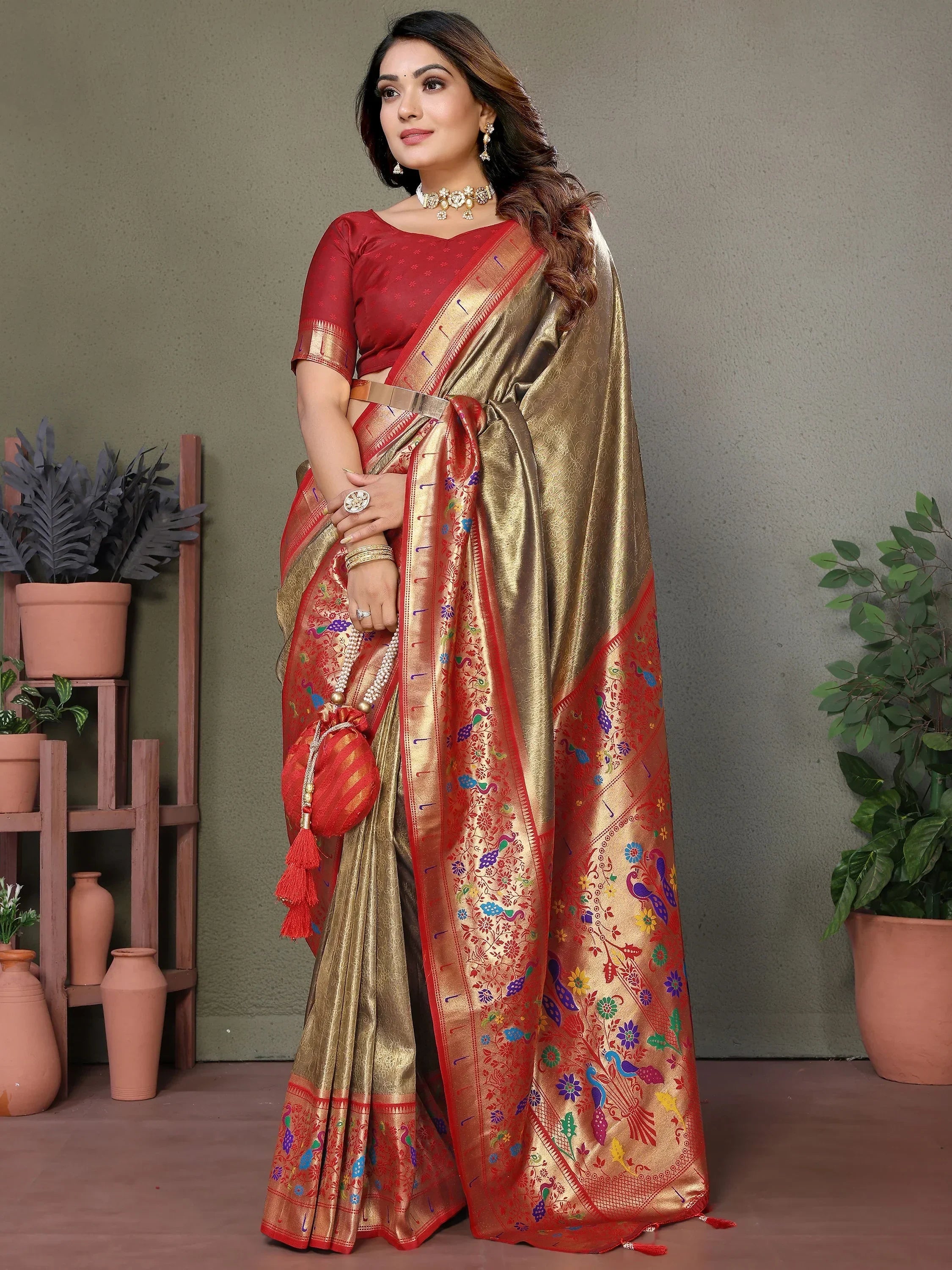 Brown Wonderful Zari Weaving Banarasi Silk Paithani Saree