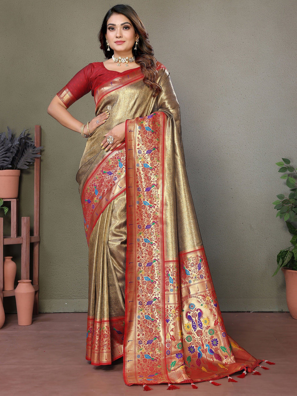 Brown Wonderful Zari Weaving Banarasi Silk Paithani Saree