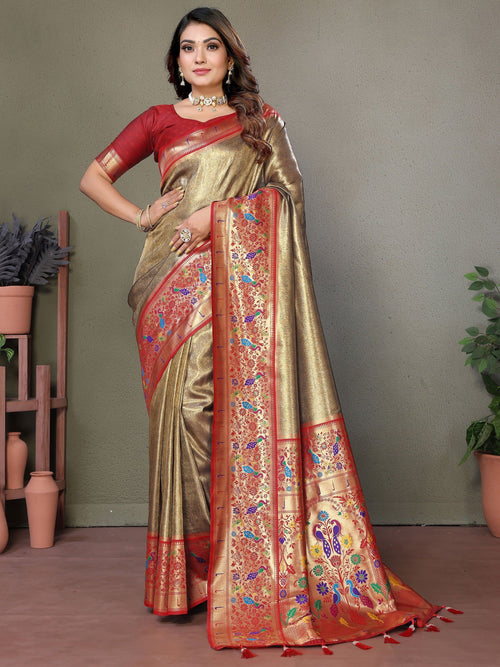 Brown Wonderful Zari Weaving Banarasi Silk Paithani Saree
