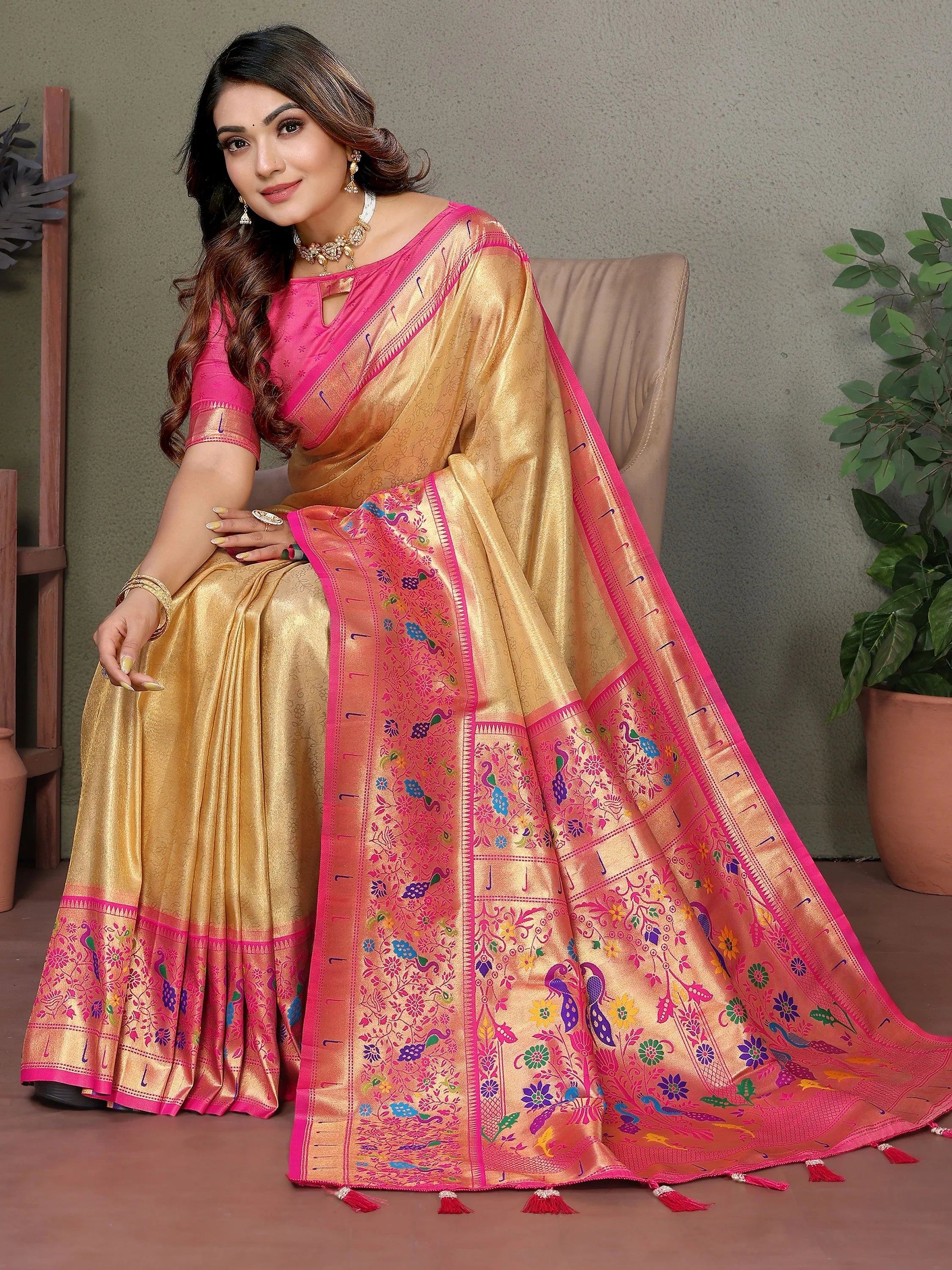 Yellow Wonderful Zari Weaving Banarasi Silk Paithani Saree