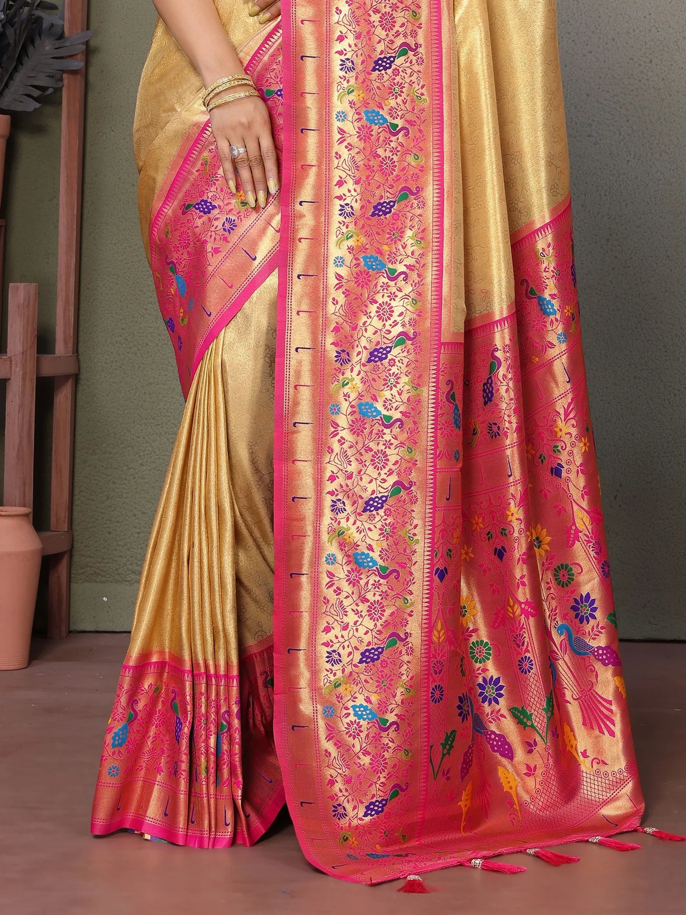 Yellow Wonderful Zari Weaving Banarasi Silk Paithani Saree
