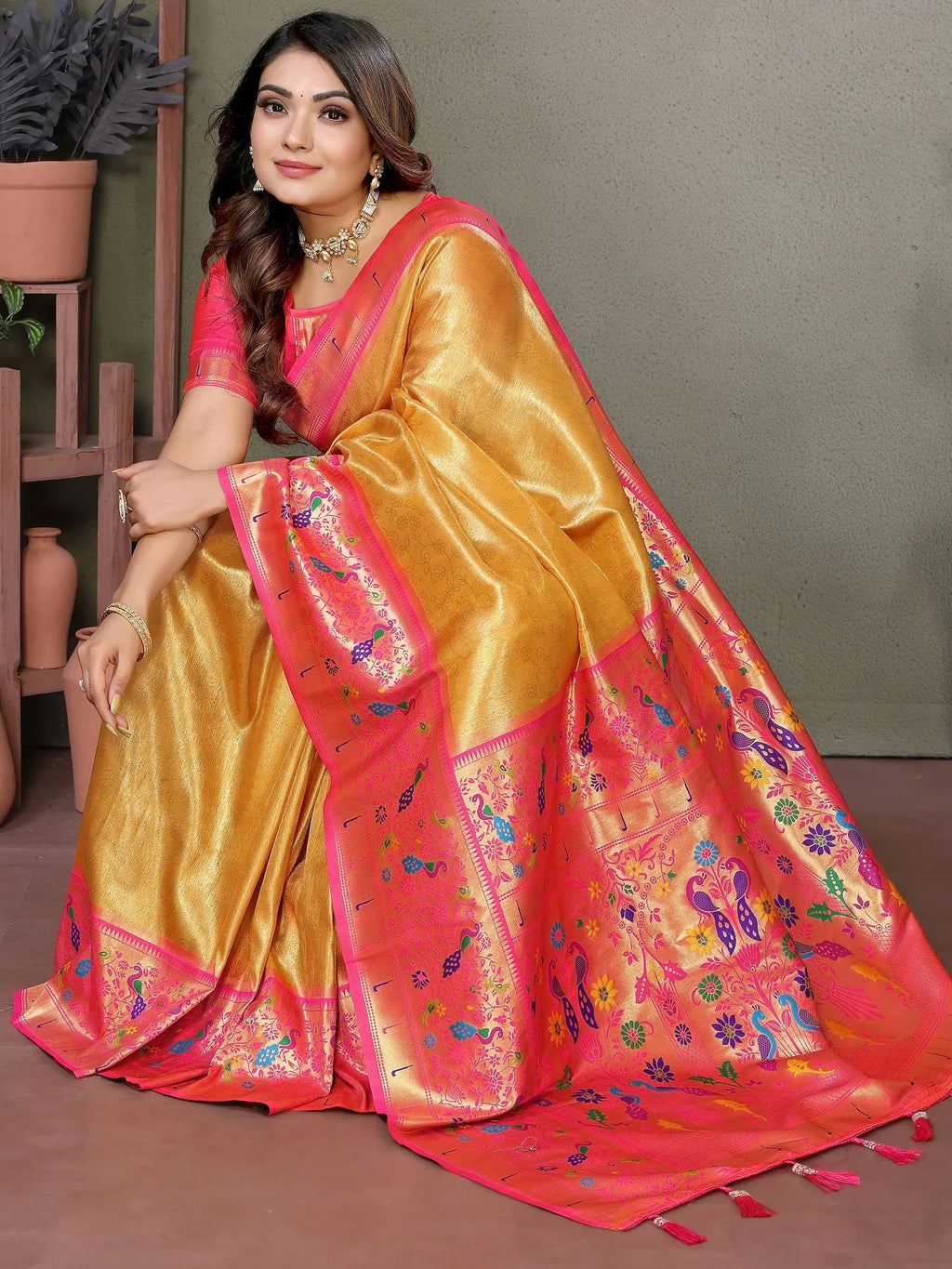 Mustard Wonderful Zari Weaving Banarasi Silk Paithani Saree
