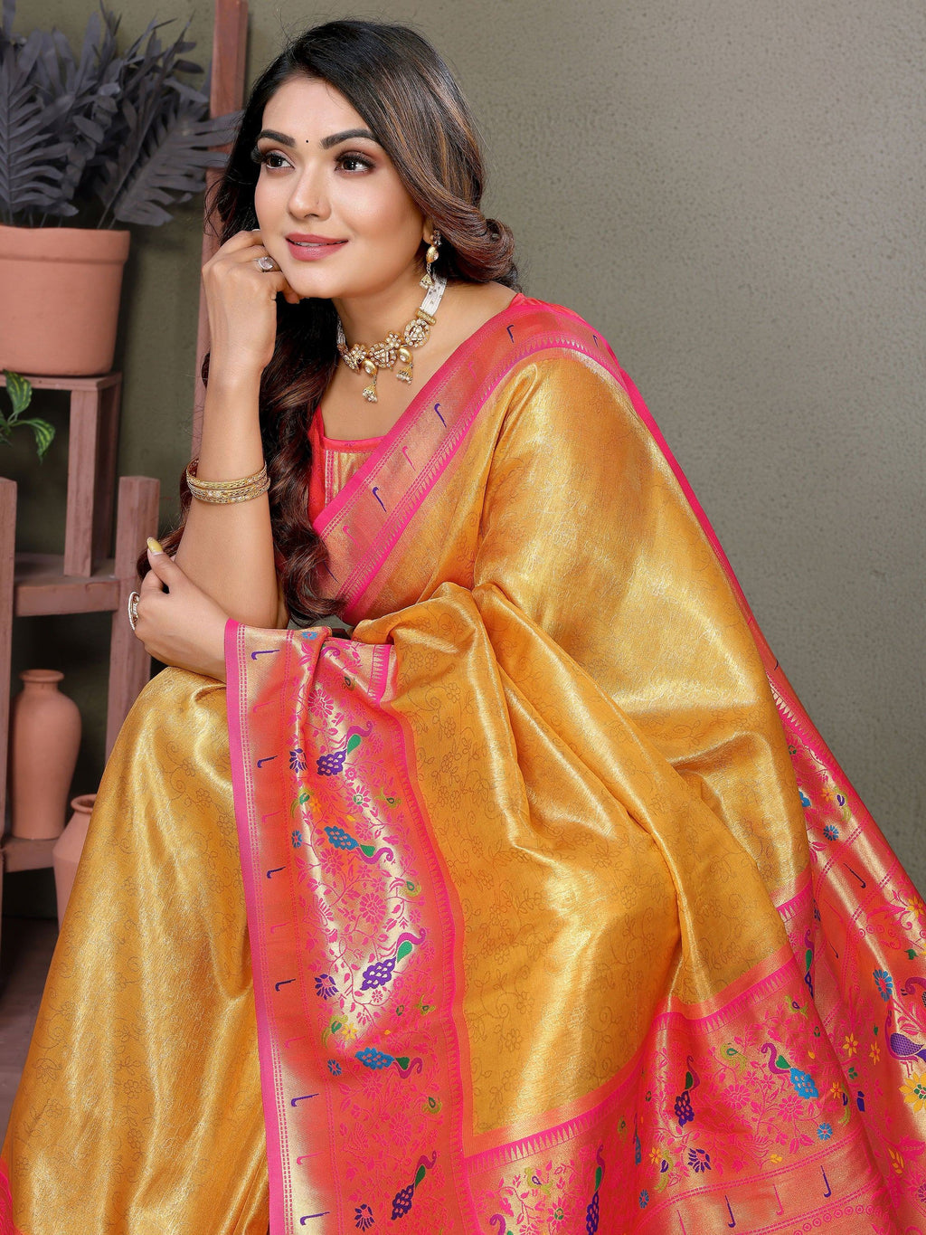 Mustard Wonderful Zari Weaving Banarasi Silk Paithani Saree