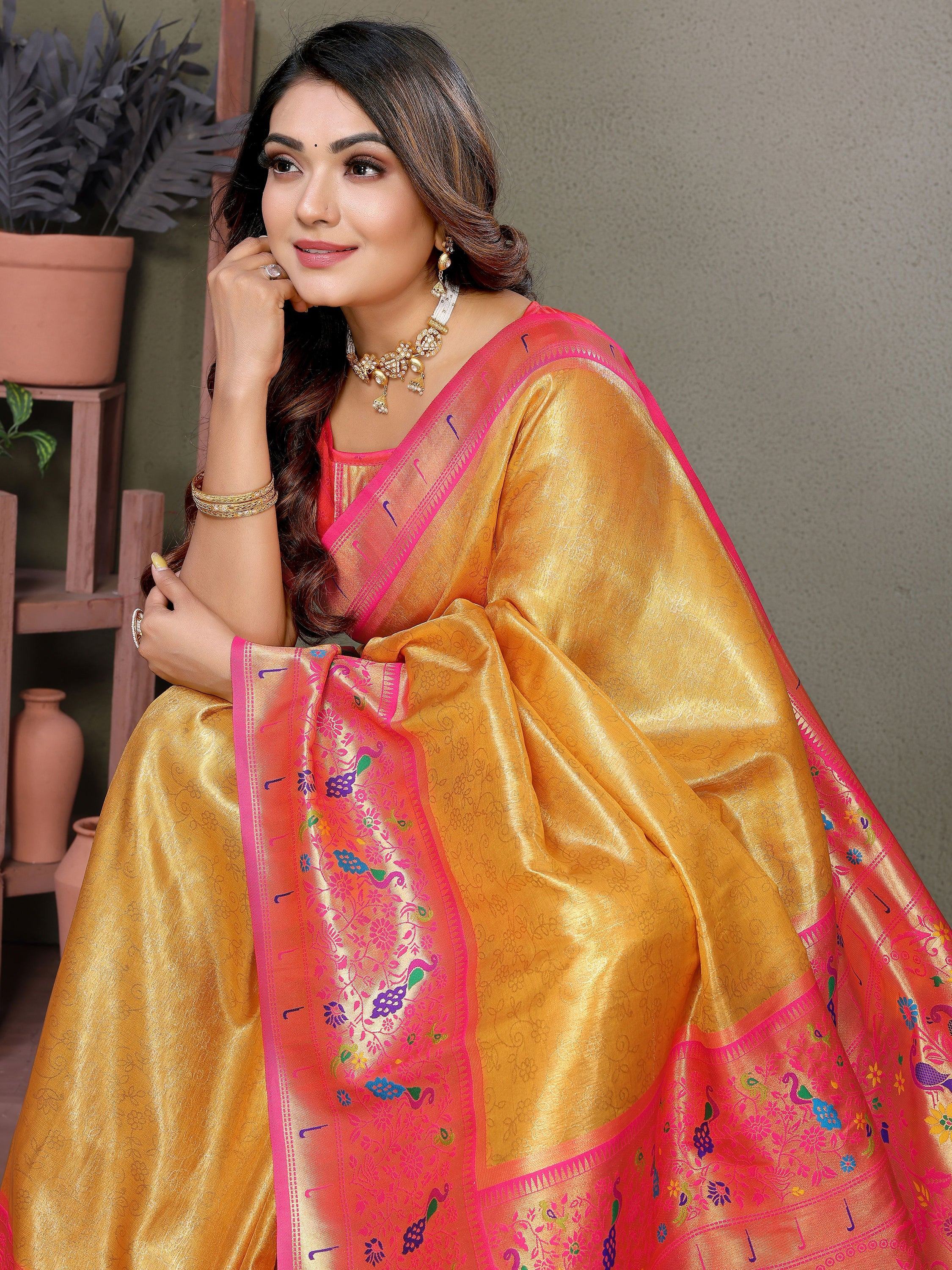 Mustard Wonderful Zari Weaving Banarasi Silk Paithani Saree
