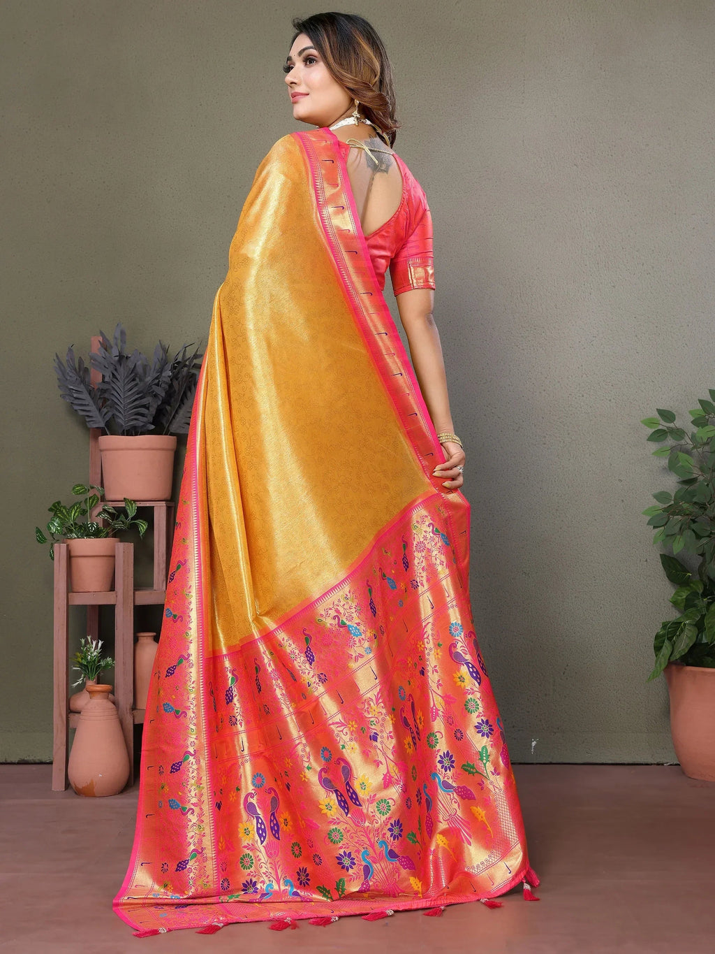 Mustard Wonderful Zari Weaving Banarasi Silk Paithani Saree