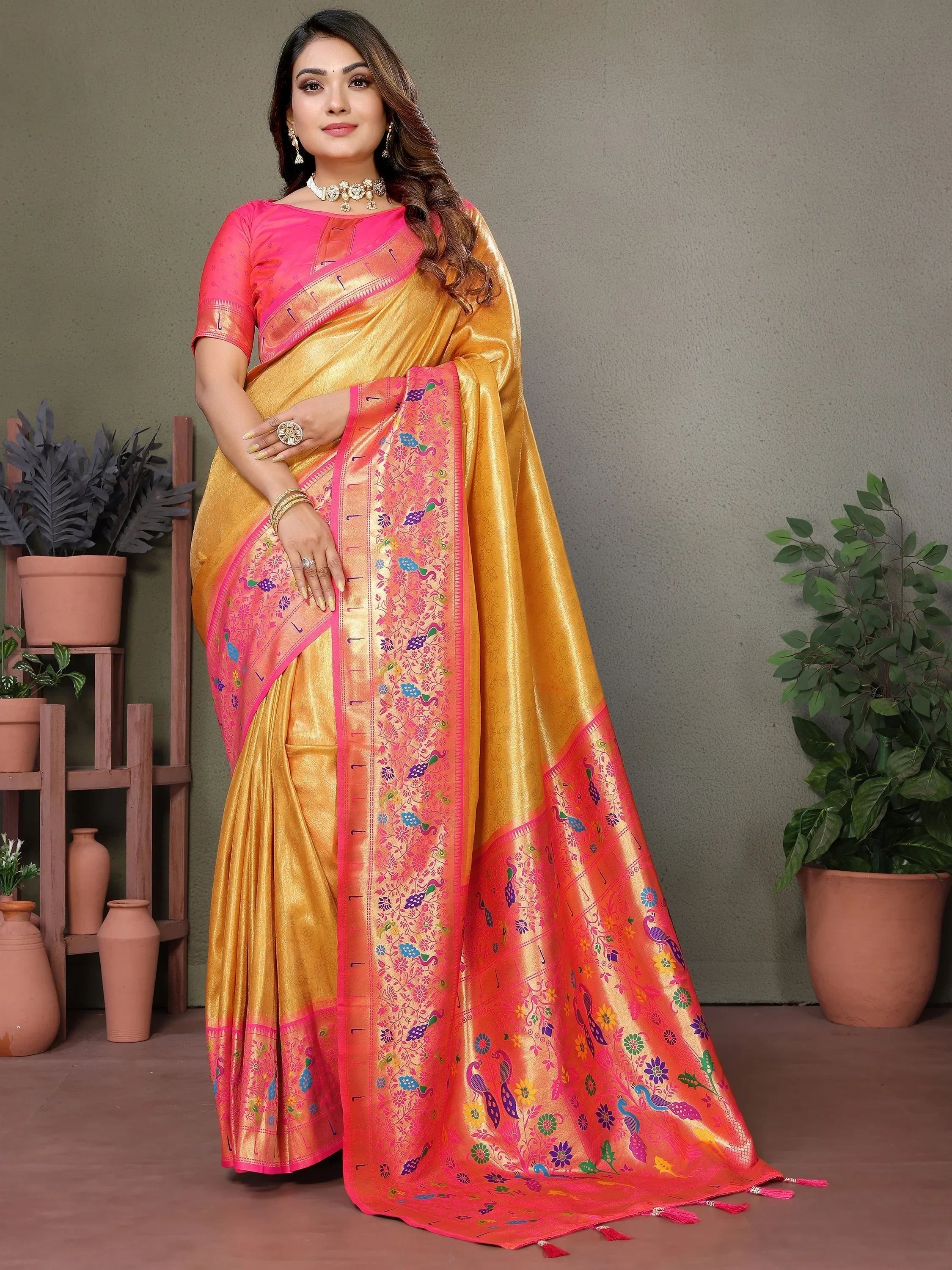 Mustard Wonderful Zari Weaving Banarasi Silk Paithani Saree
