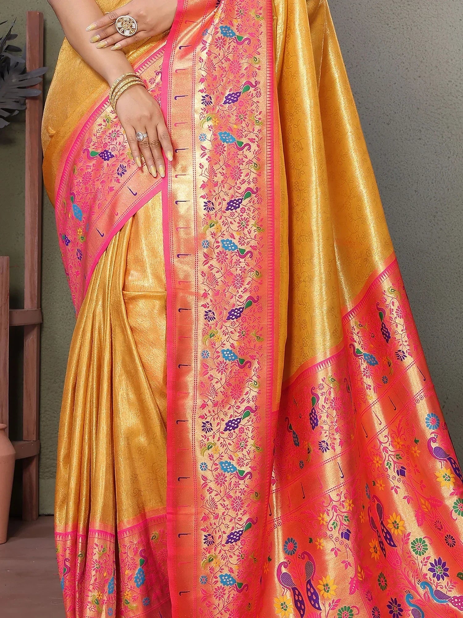 Mustard Wonderful Zari Weaving Banarasi Silk Paithani Saree