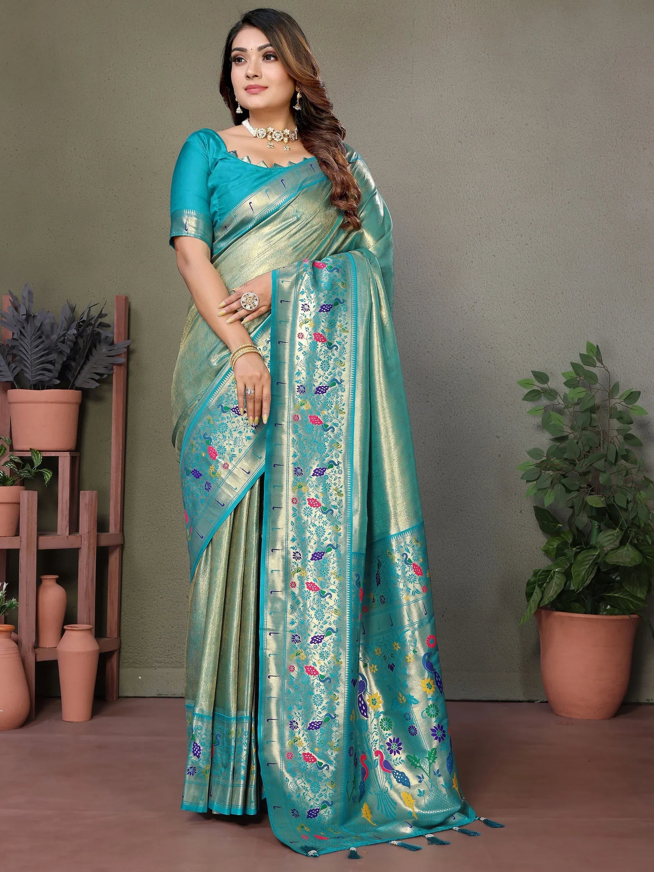 Sky Blue Wonderful Zari Weaving Banarasi Silk Paithani Saree