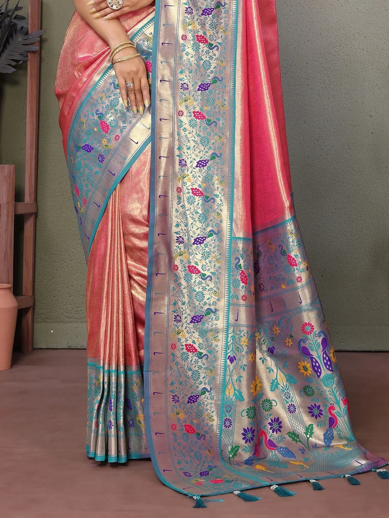 Coral Wonderful Zari Weaving Banarasi Silk Paithani Saree