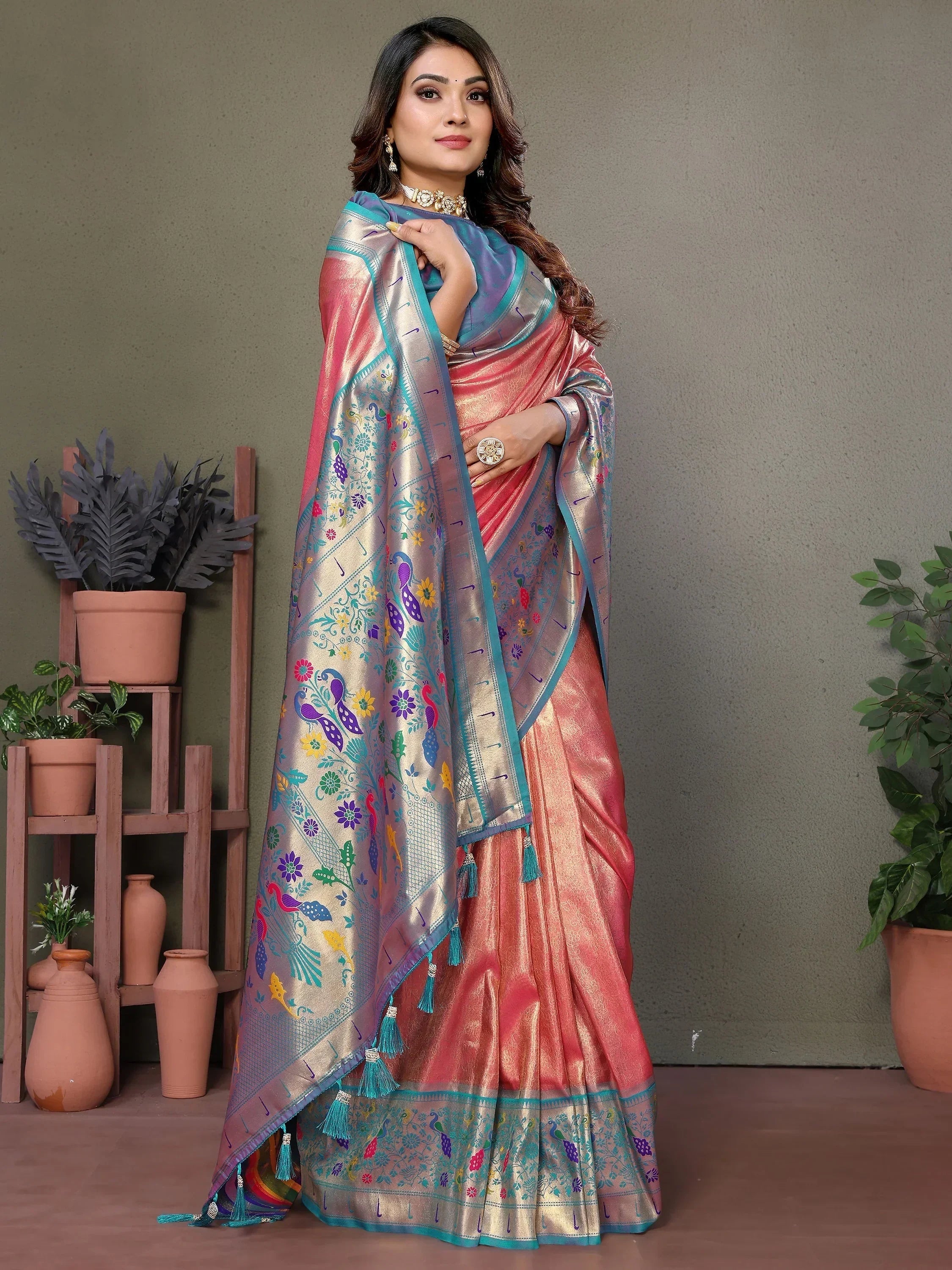 Coral Wonderful Zari Weaving Banarasi Silk Paithani Saree