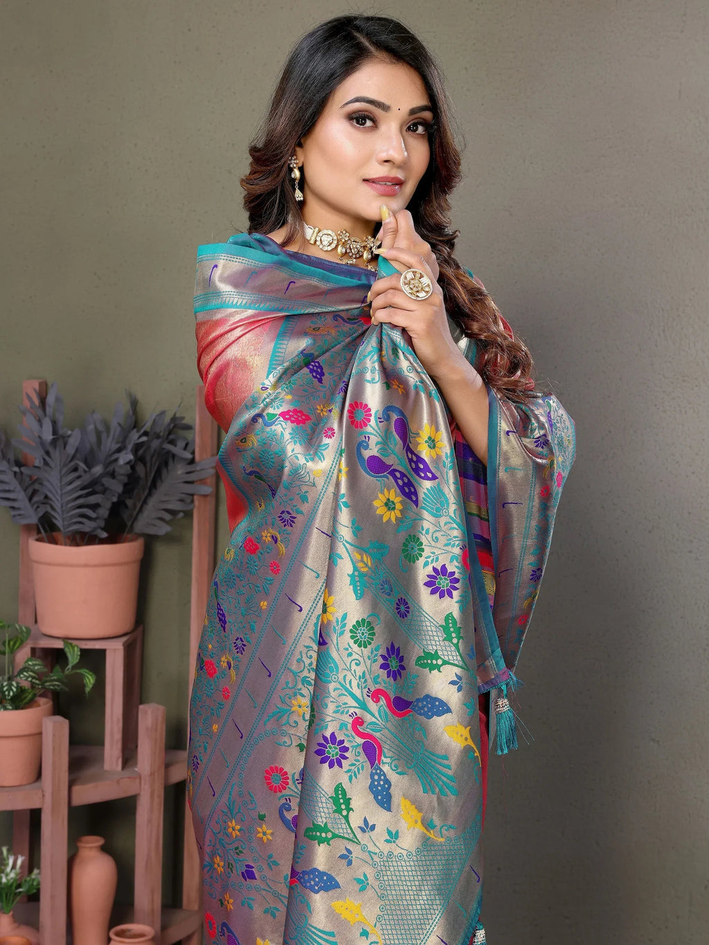Coral Wonderful Zari Weaving Banarasi Silk Paithani Saree