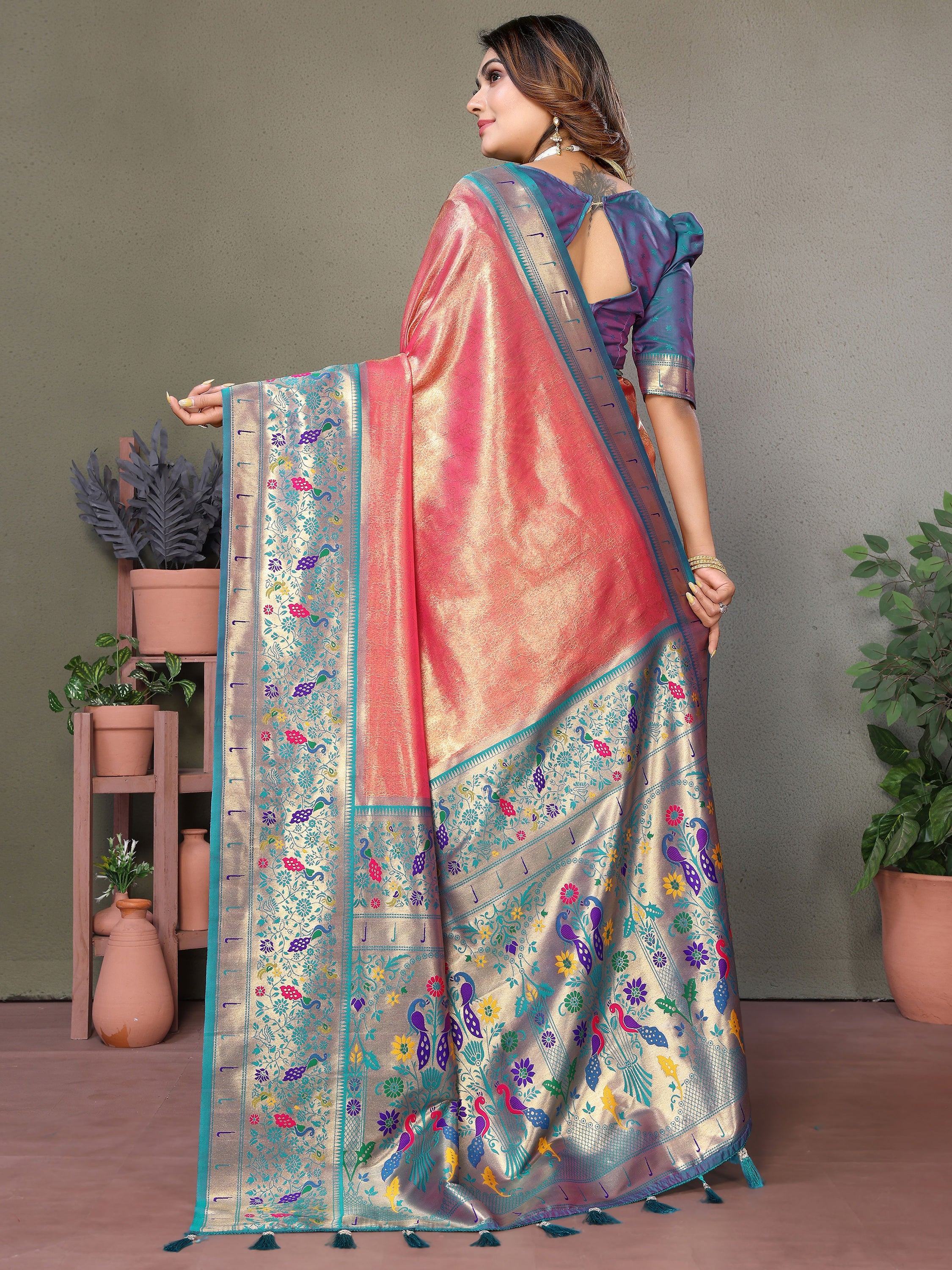 Coral Wonderful Zari Weaving Banarasi Silk Paithani Saree