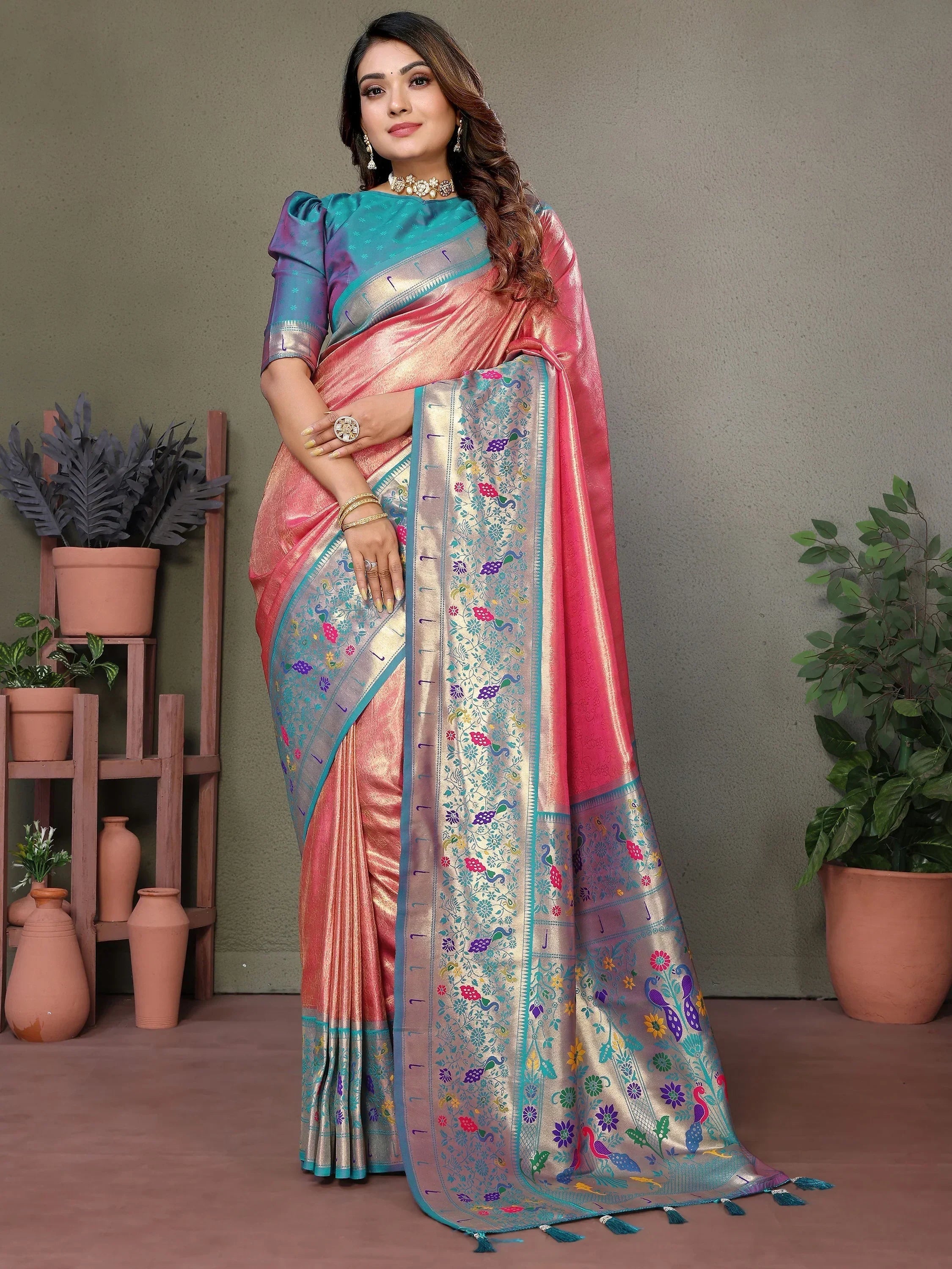 Coral Wonderful Zari Weaving Banarasi Silk Paithani Saree