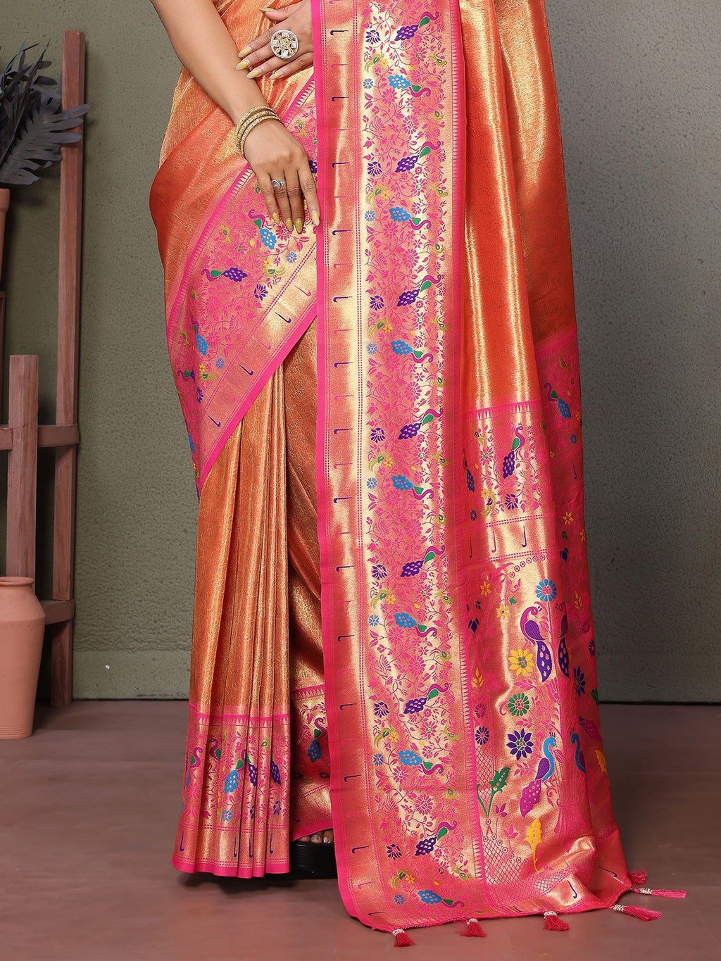 Orange Wonderful Zari Weaving Banarasi Silk Paithani Saree