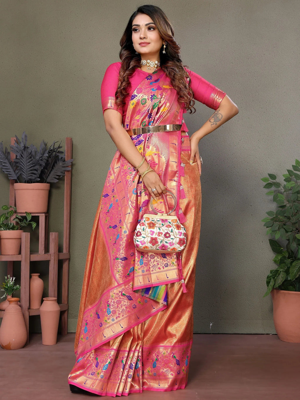 Orange Wonderful Zari Weaving Banarasi Silk Paithani Saree