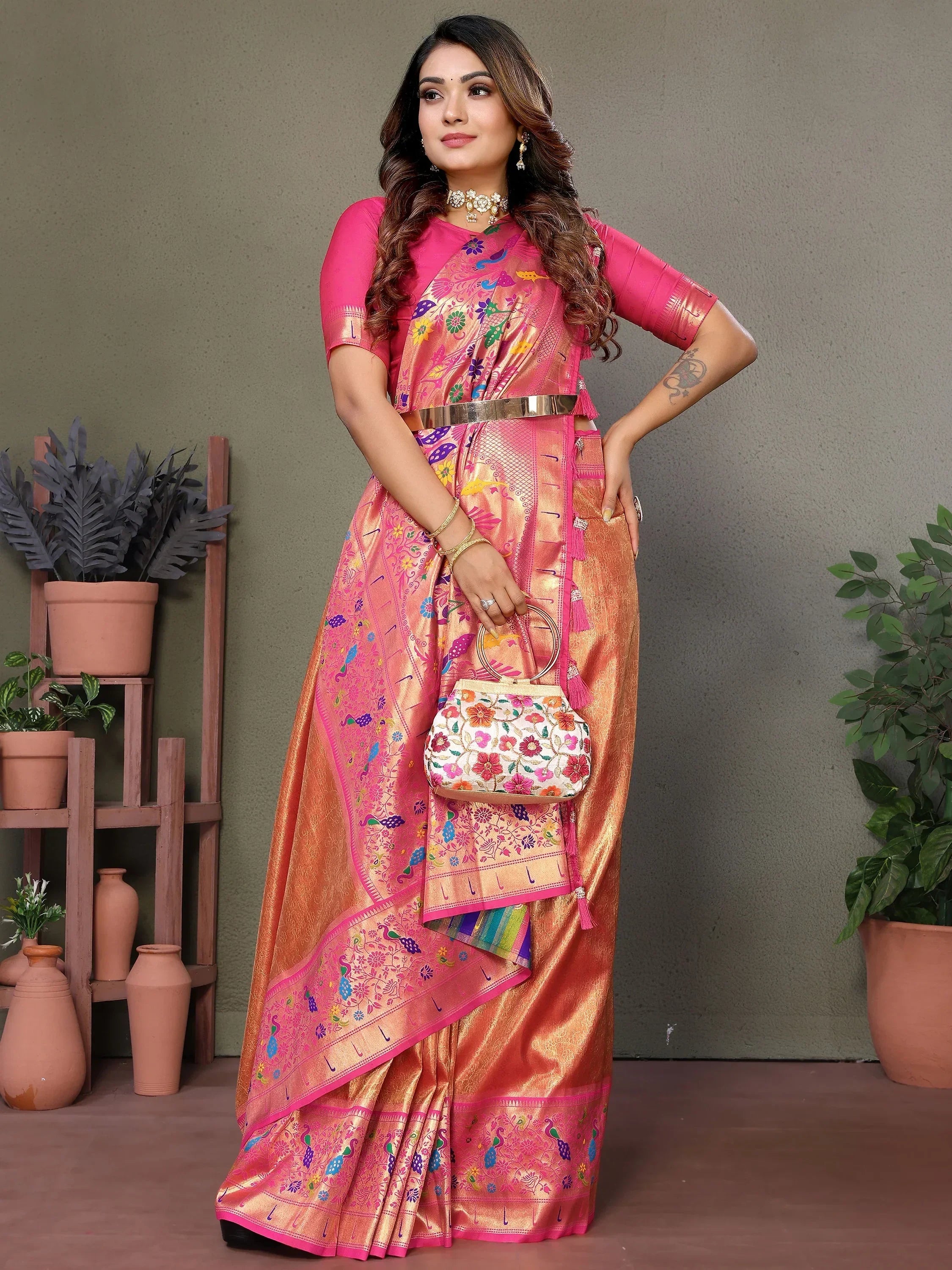 Orange Wonderful Zari Weaving Banarasi Silk Paithani Saree