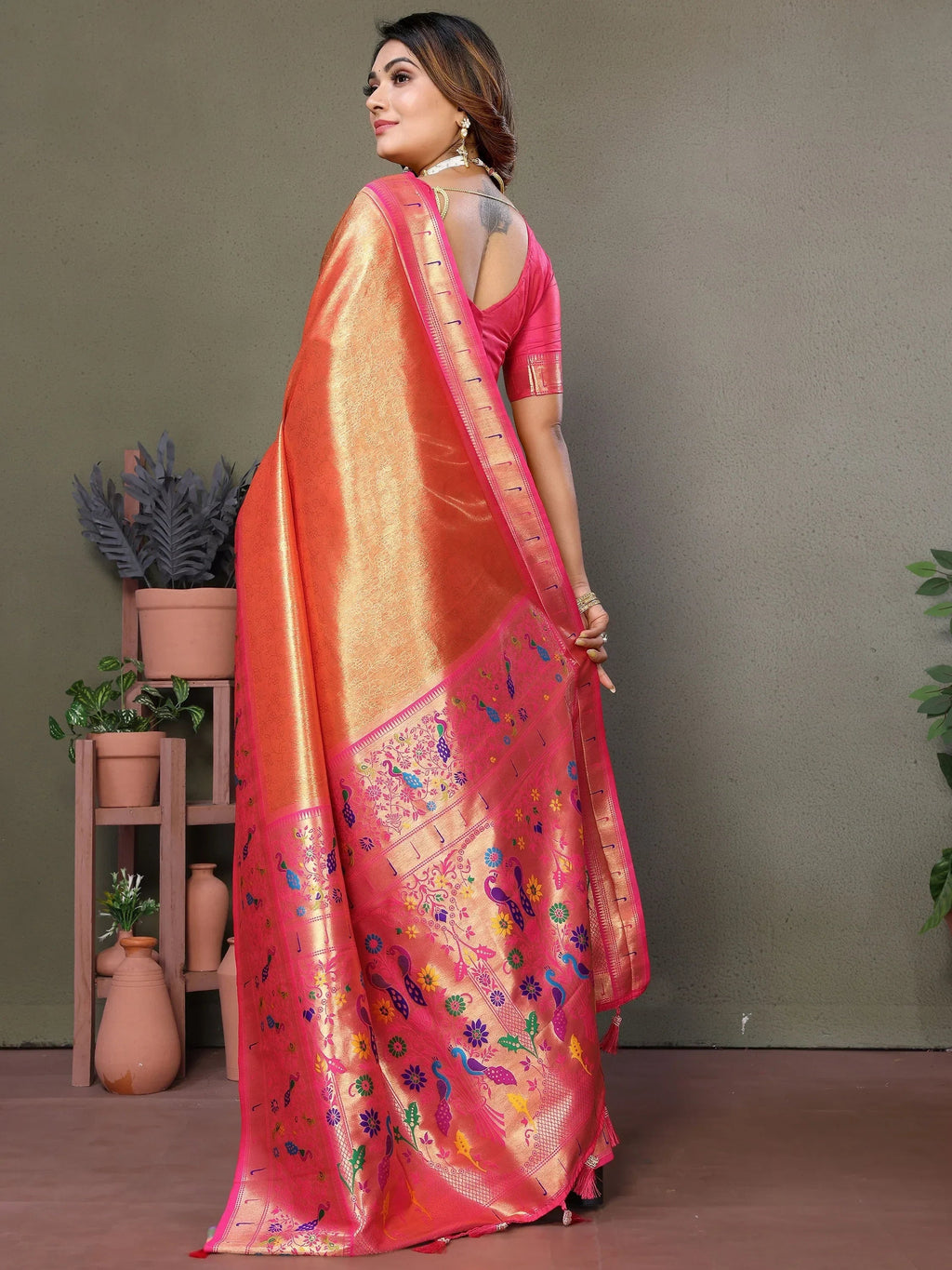Orange Wonderful Zari Weaving Banarasi Silk Paithani Saree