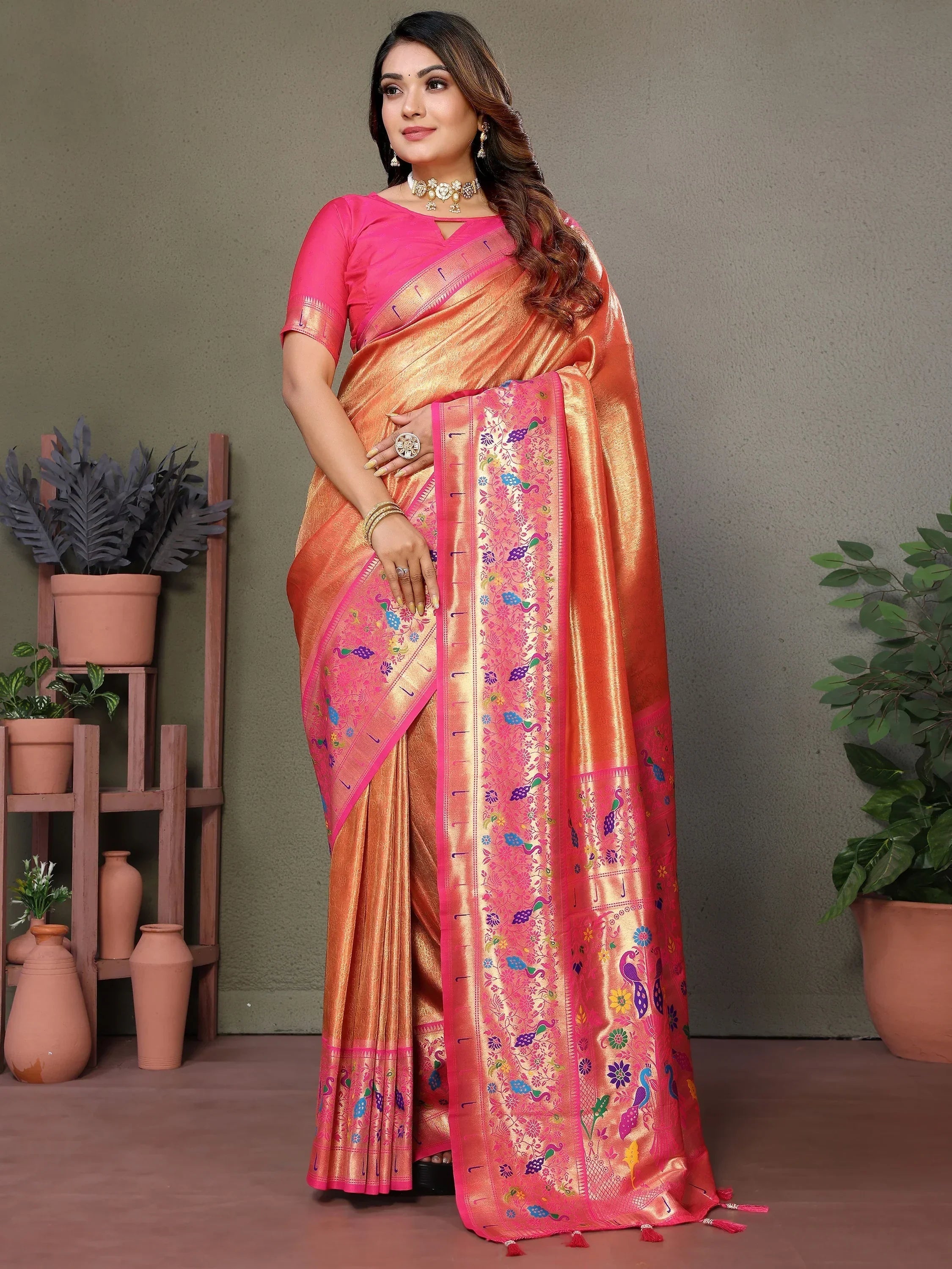 Orange Wonderful Zari Weaving Banarasi Silk Paithani Saree