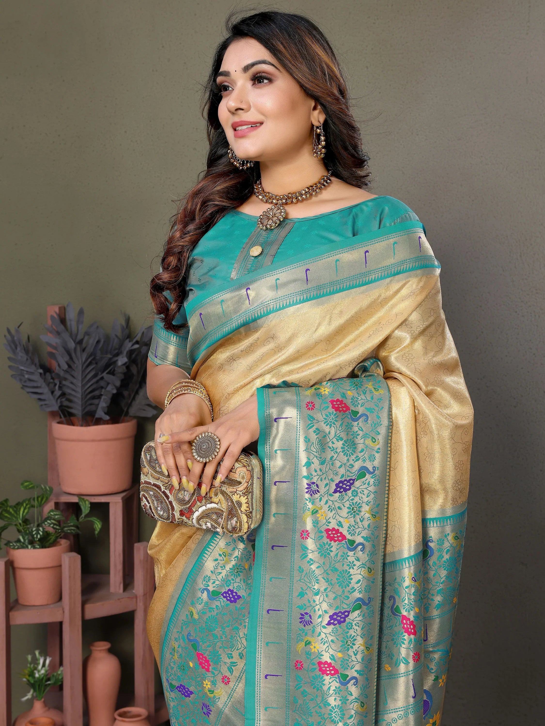 Beige Wonderful Zari Weaving Banarasi Silk Paithani Saree