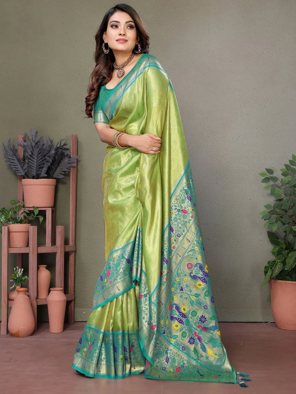 Olive Wonderful Zari Weaving Banarasi Silk Paithani Saree