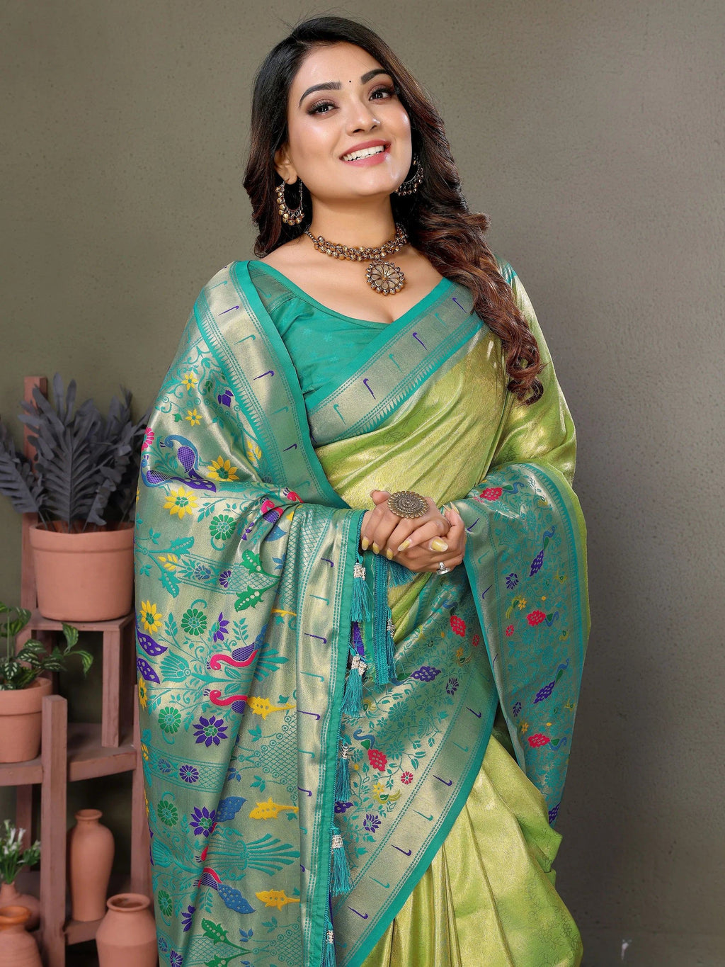 Olive Wonderful Zari Weaving Banarasi Silk Paithani Saree