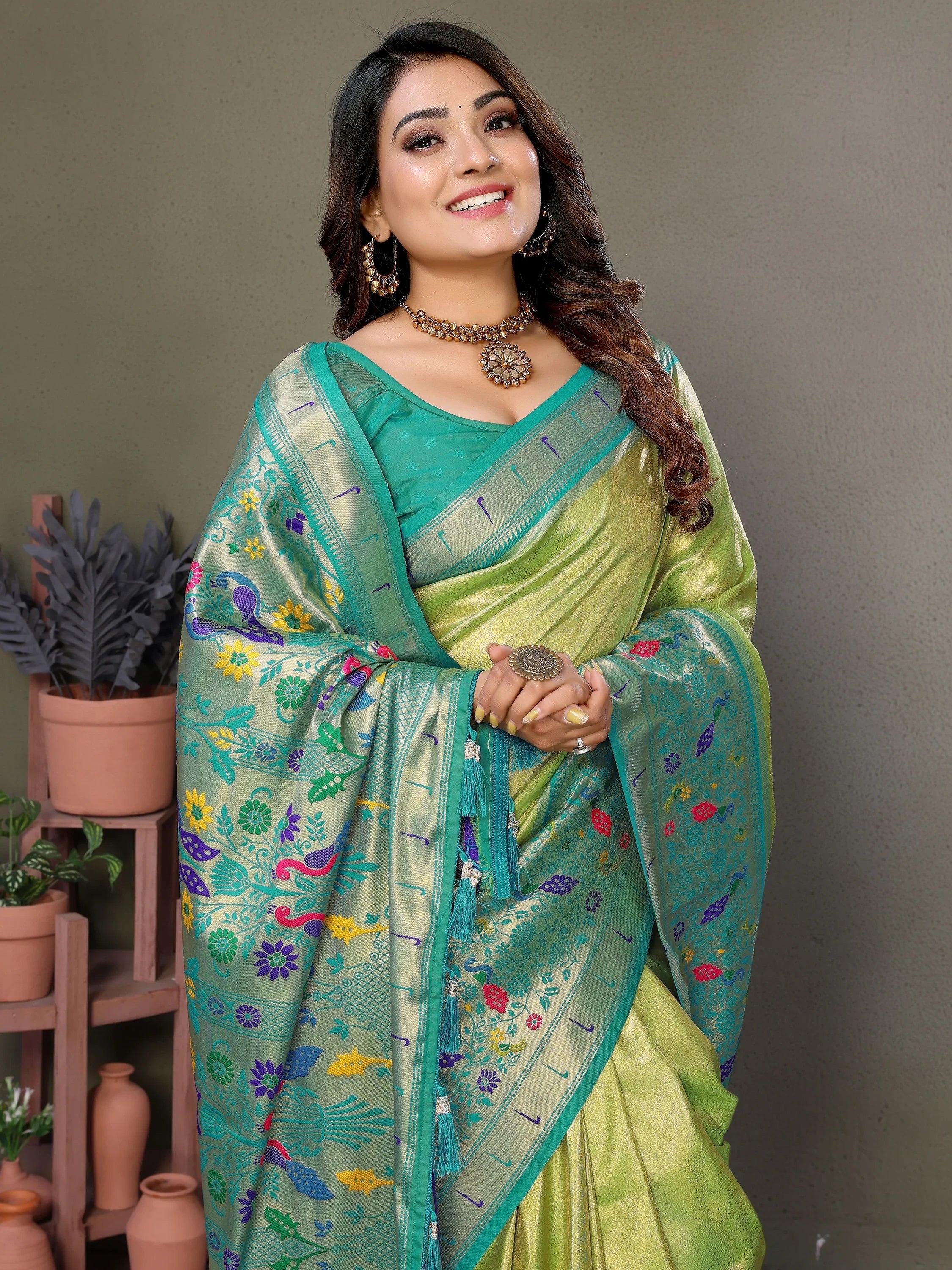 Olive Wonderful Zari Weaving Banarasi Silk Paithani Saree