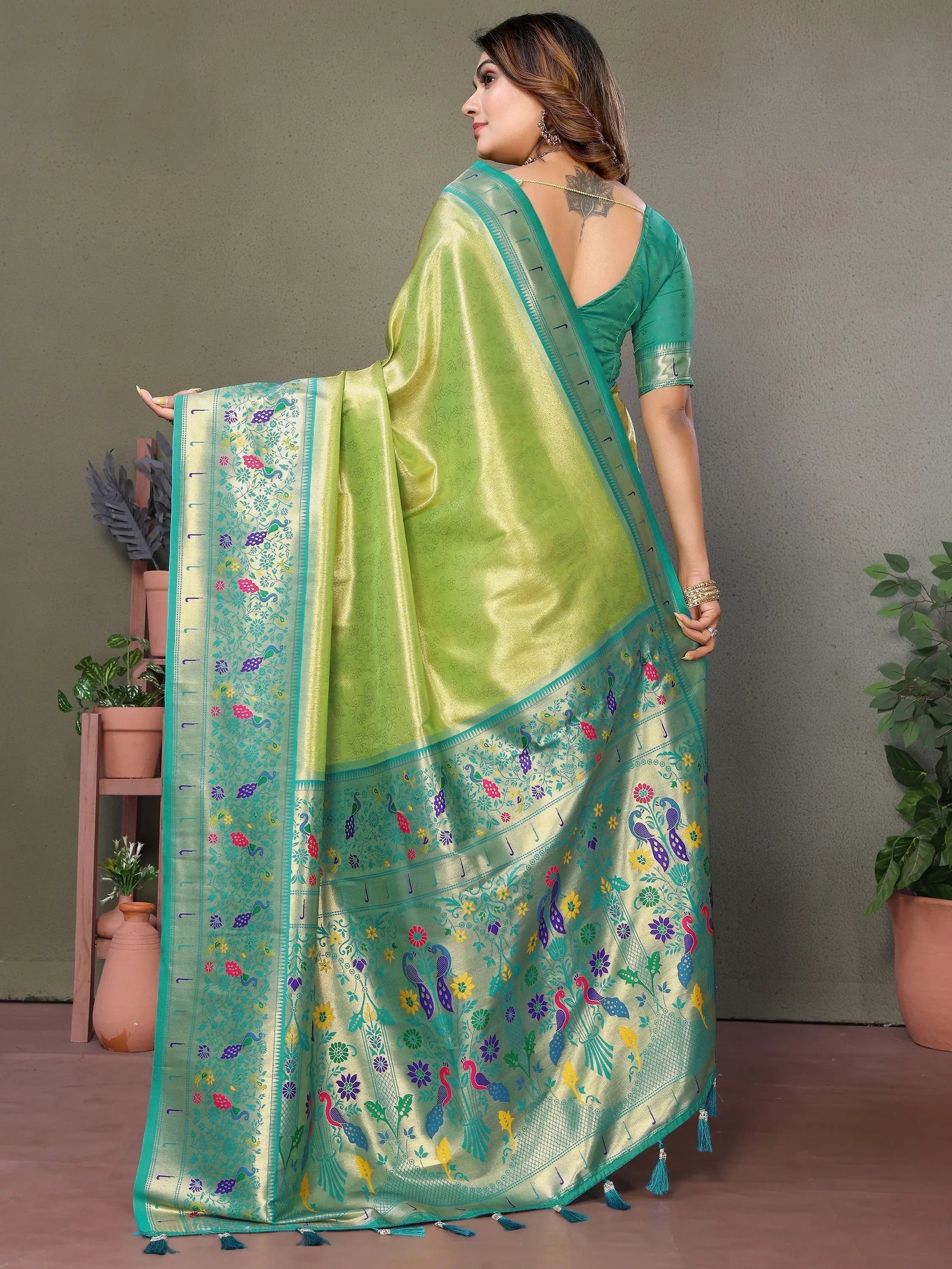 Olive Wonderful Zari Weaving Banarasi Silk Paithani Saree