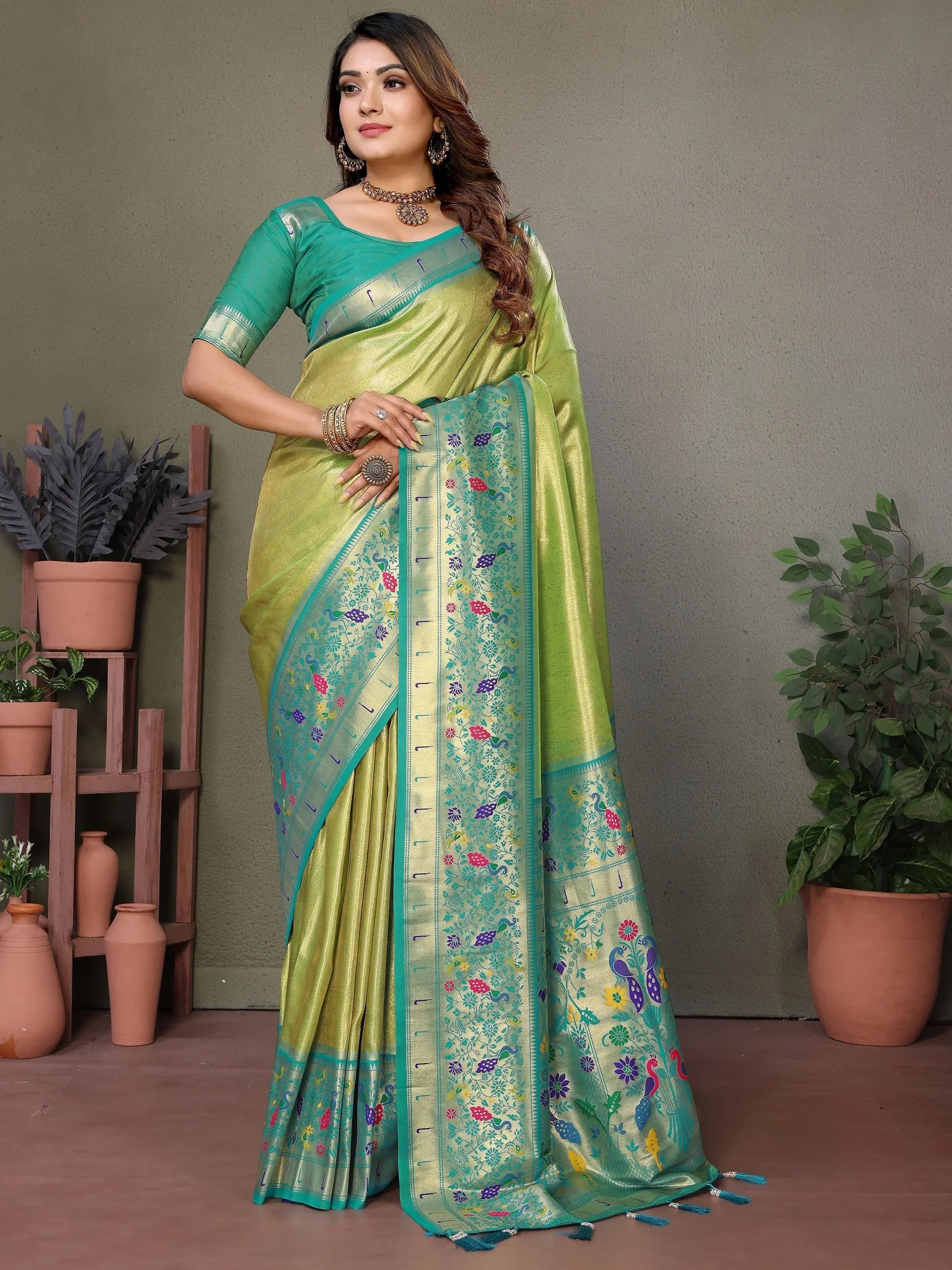 Olive Wonderful Zari Weaving Banarasi Silk Paithani Saree