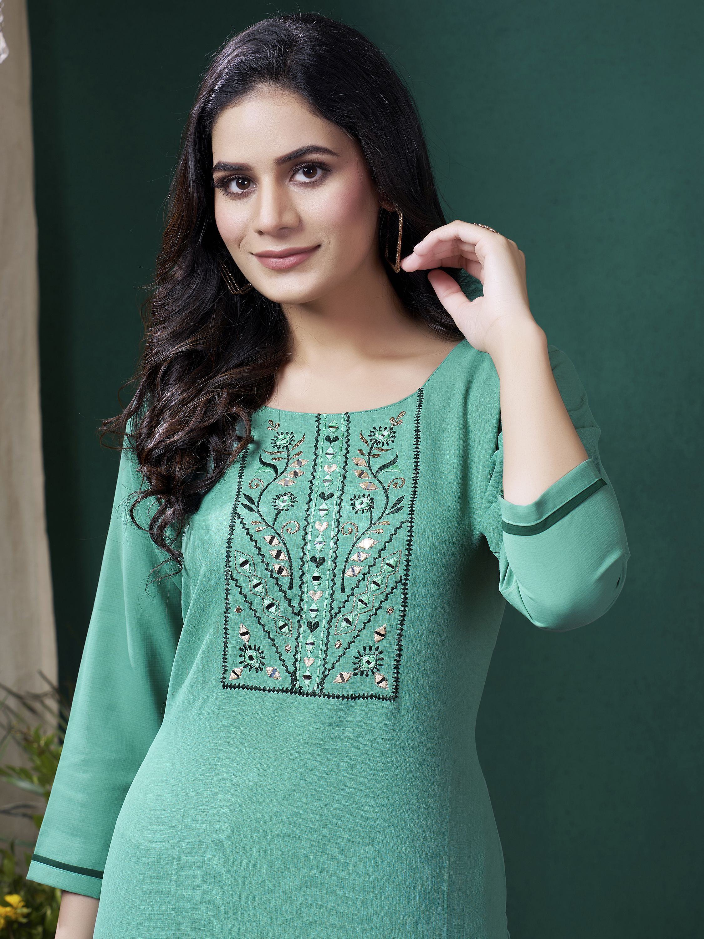 Beautiful Sea Green Hand Work Cotton Casual Wear Kurti With Pant