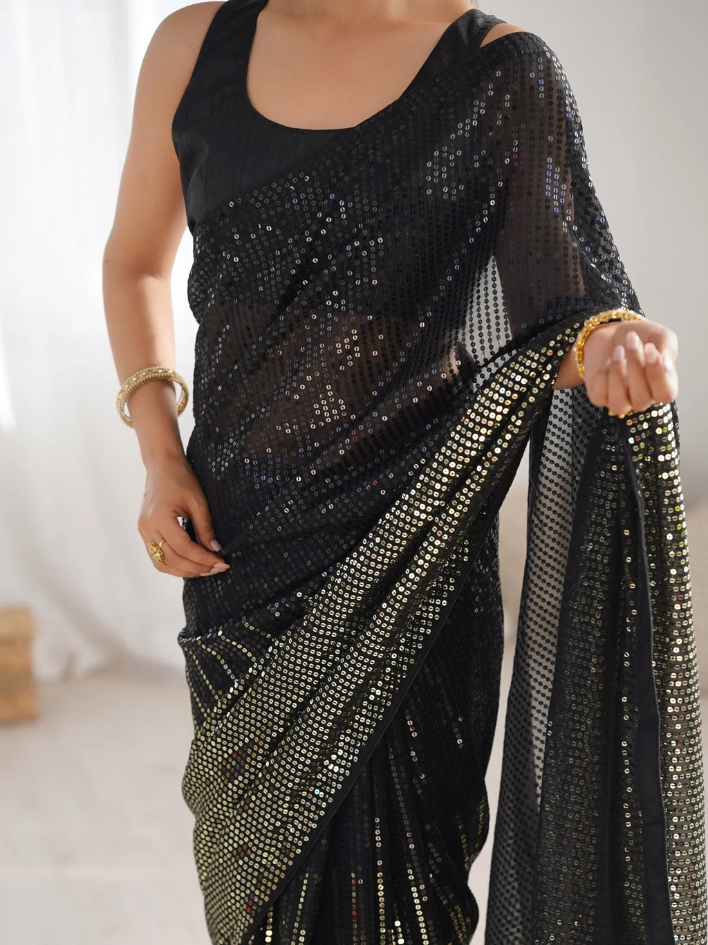 Black Astonishing Sequins Georgette Reception Wear Saree With Blouse
