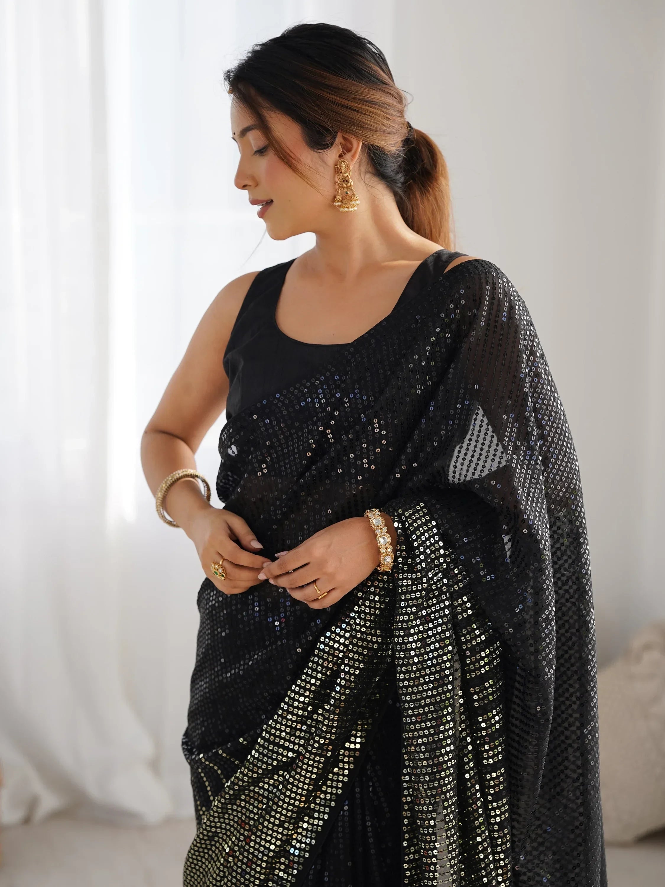 Black Astonishing Sequins Georgette Reception Wear Saree With Blouse