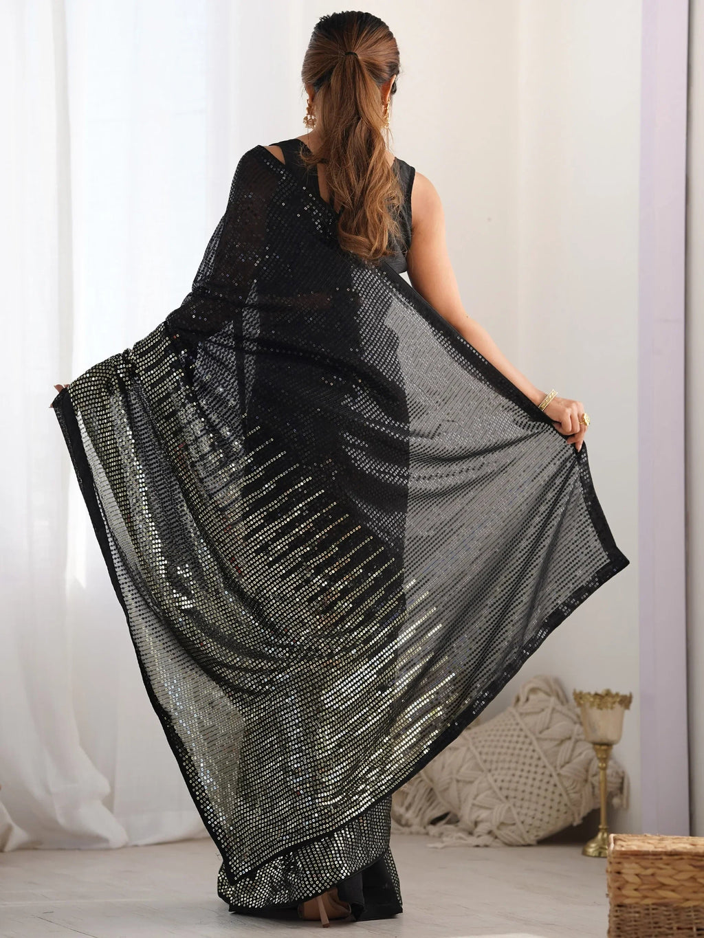 Black Astonishing Sequins Georgette Reception Wear Saree With Blouse